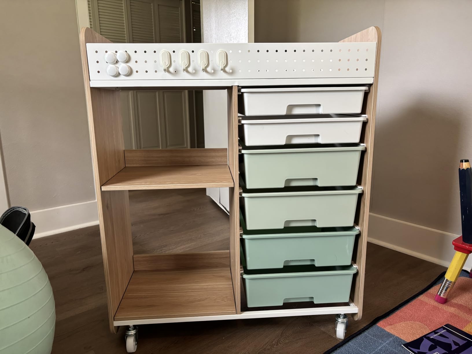 Rolling Storage Cart with Top Pegboard and 6 Drawers, Mobile Utility Cart on Wheels with Locking Brakes, Craft Organizer Lateral File Cabinet for Home, Office and Craft Room - Wood Frame(Green) customer photo 1