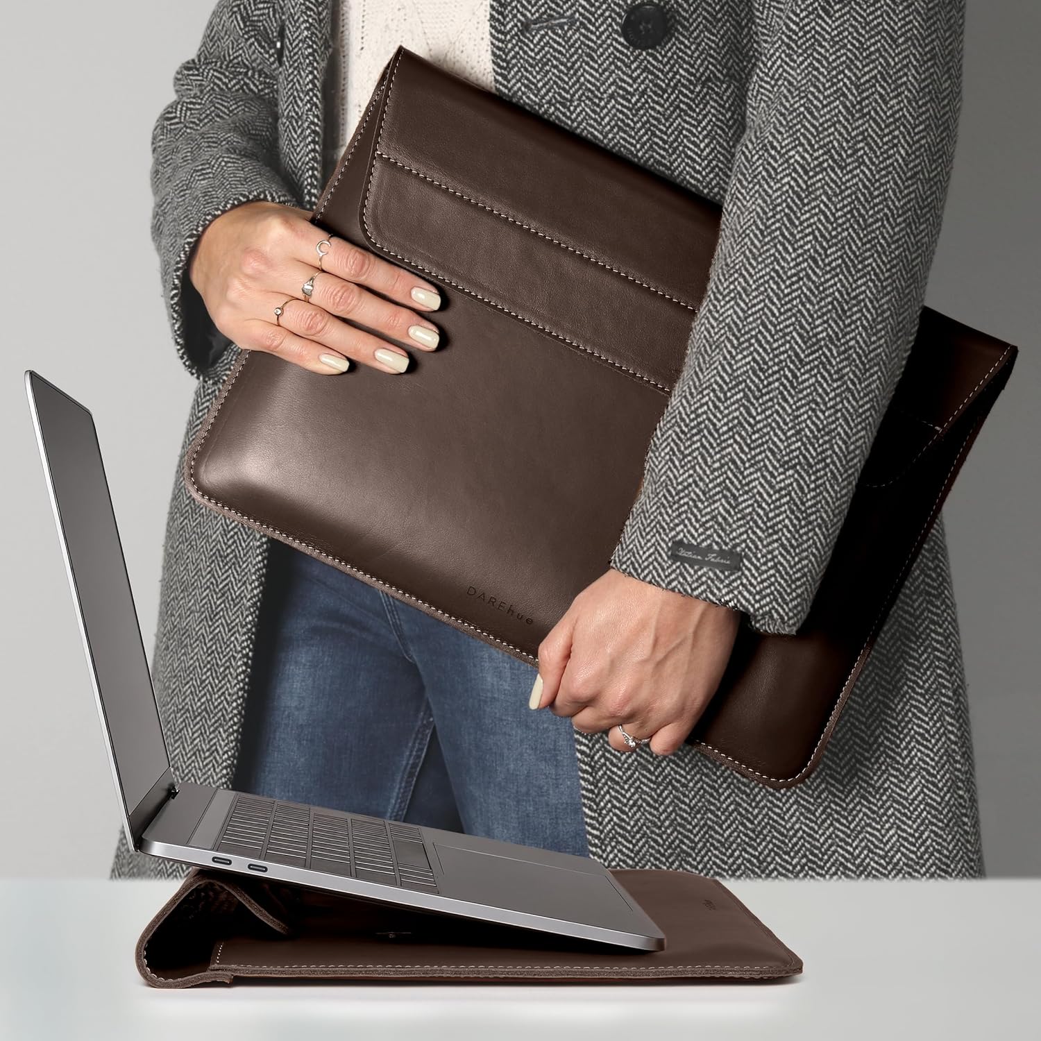 Genuine Leather Laptop Sleeve 15-16 Inch, Padded Full Grain Leather Case with Built-in Stand - Dark Brown customer photo 1