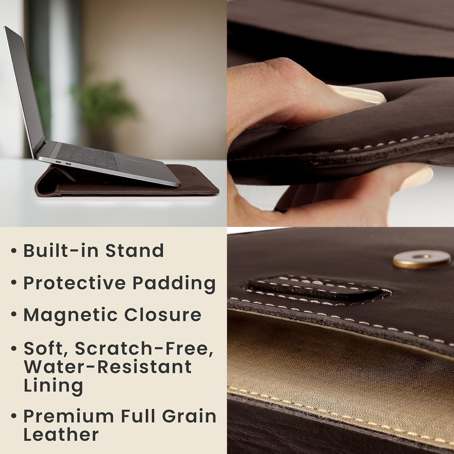 Genuine Leather Laptop Sleeve 15-16 Inch, Padded Full Grain Leather Case with Built-in Stand - Dark Brown customer photo 2