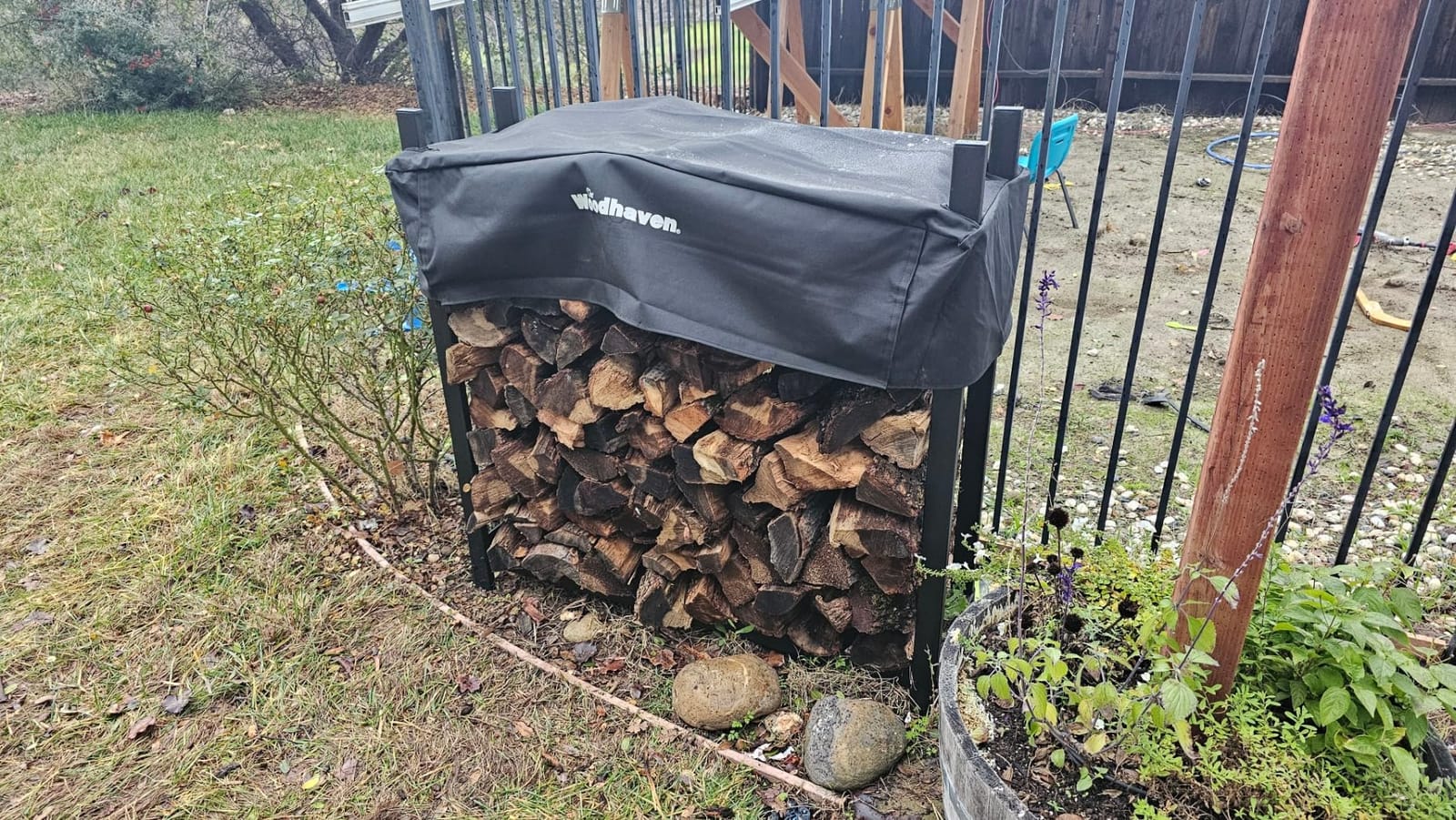Woodhaven Black 4 Foot Heavy Duty Made In USA Indoor Outdoor 1/4 Cord Firewood Storage Log Rack with Seasoning Cover Combo Set customer photo 1