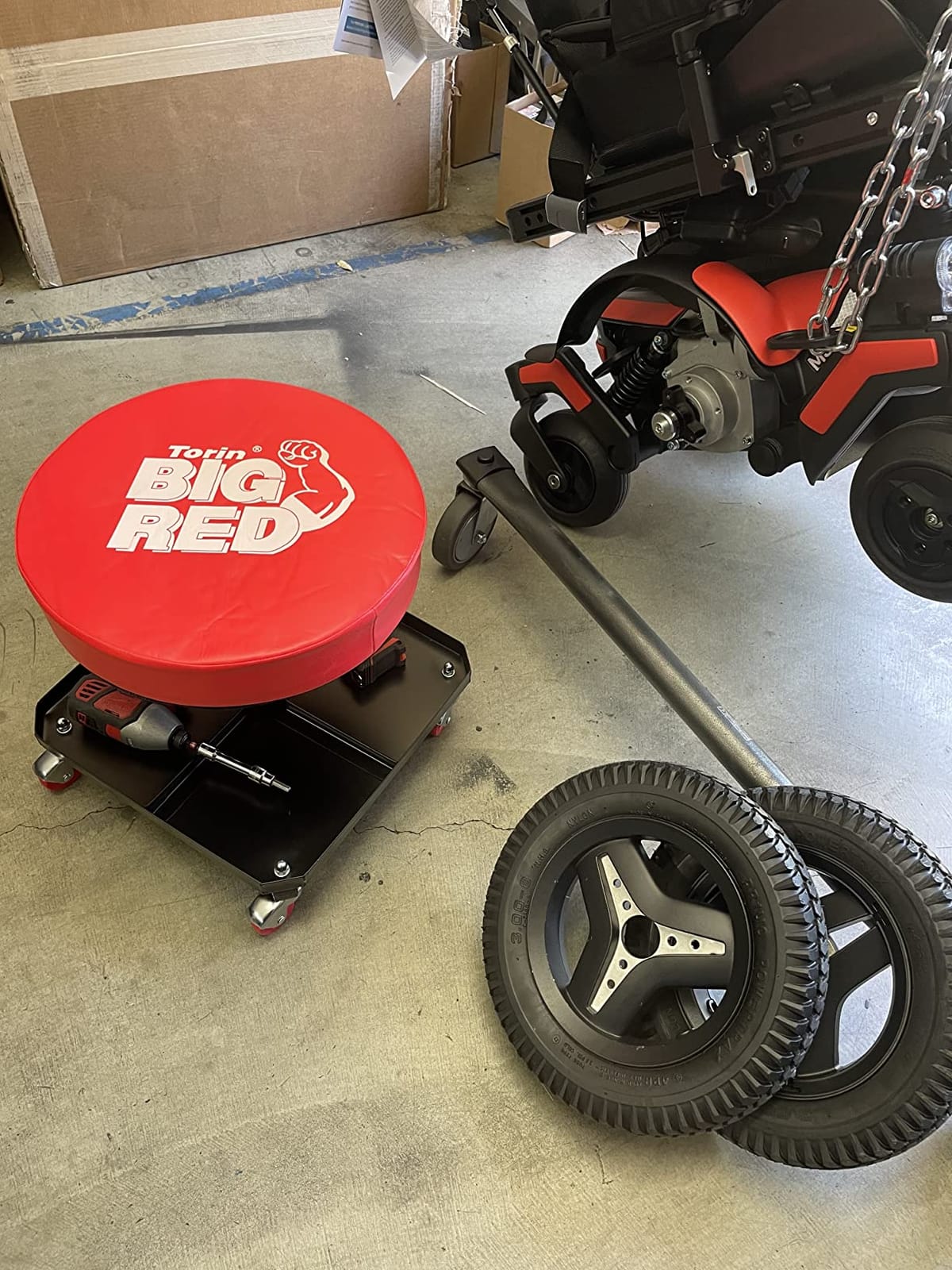 BIG RED TR6350 Torin Rolling Pneumatic Creeper Garage/Shop Seat: Padded Adjustable Mechanic Stool with Tool Tray Storage, Red Large customer photo 2