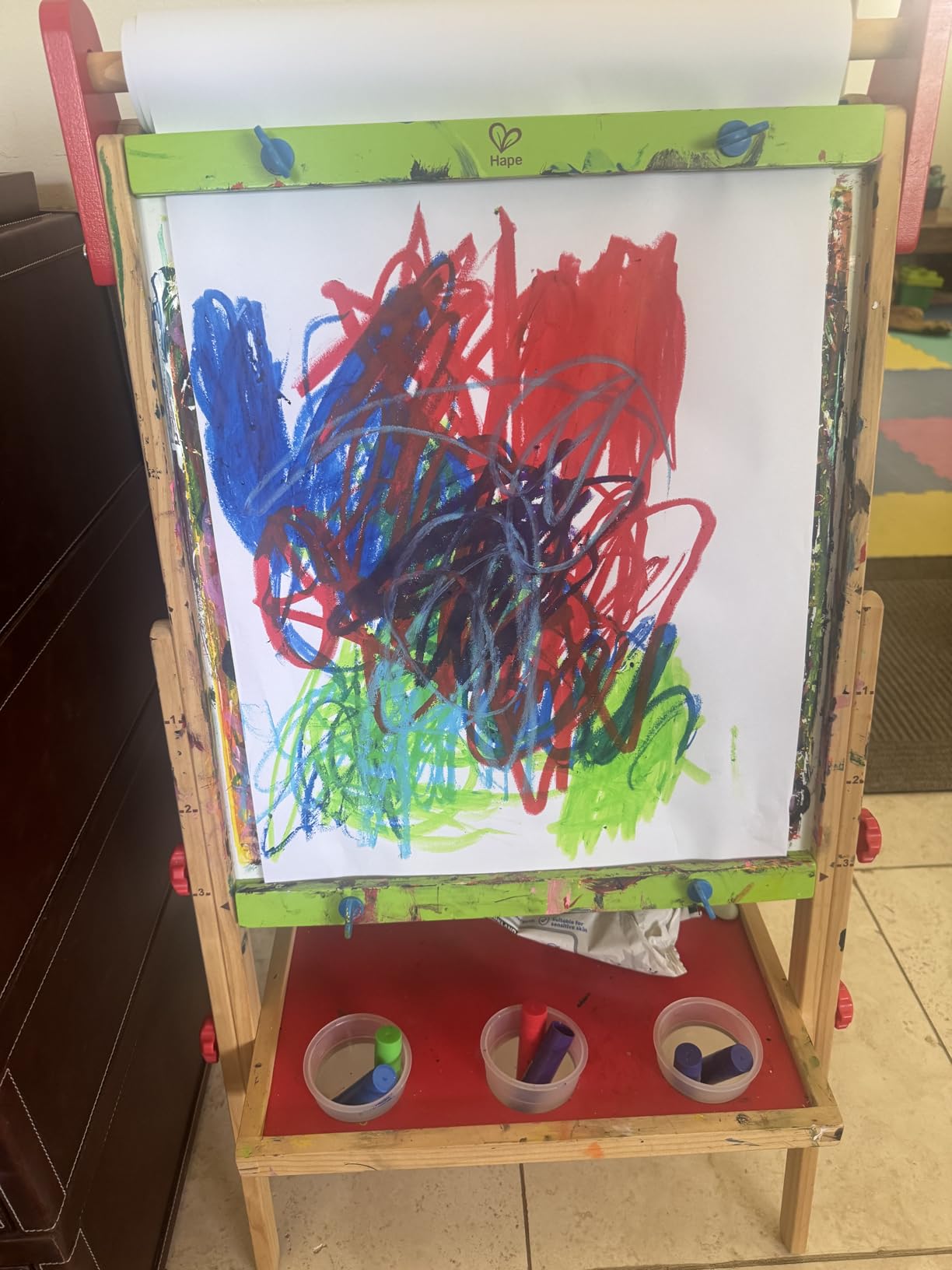 Hape E1010 Magnetic All in 1 Kids Height Adjustable Drawing Dry-Erase Chalkboard Wooden Artist Easel with 3 Paint Pots and Refillable Paper Roll customer photo 2