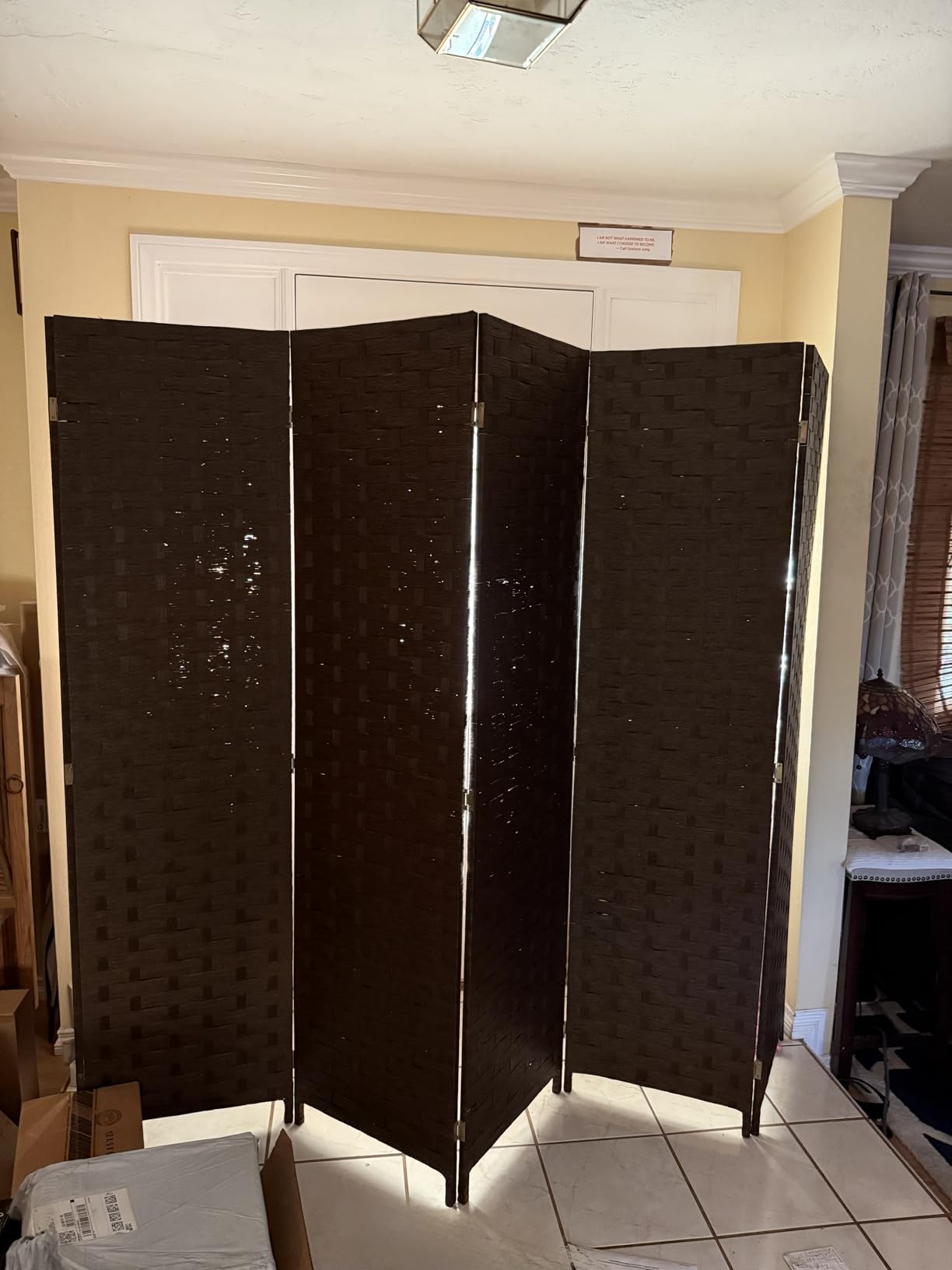 FDW 4-Panel Folding Room Divider | 6ft, Black | Light & Portable | Wooden Wall Divider with Hand Woven Mesh customer photo 1