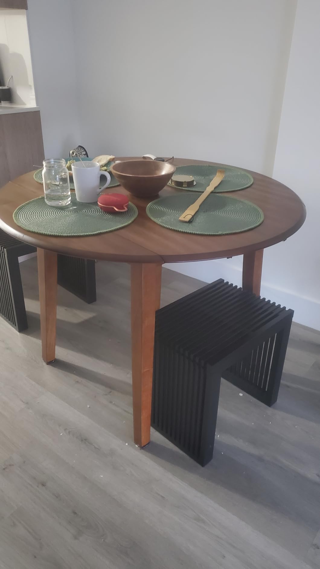 Signature Design by Ashley Small Round Drop Leaf Dining Table, Brown | Dual-hinged 36-inch extendable top for compact spaces, Hammis Series customer photo 2