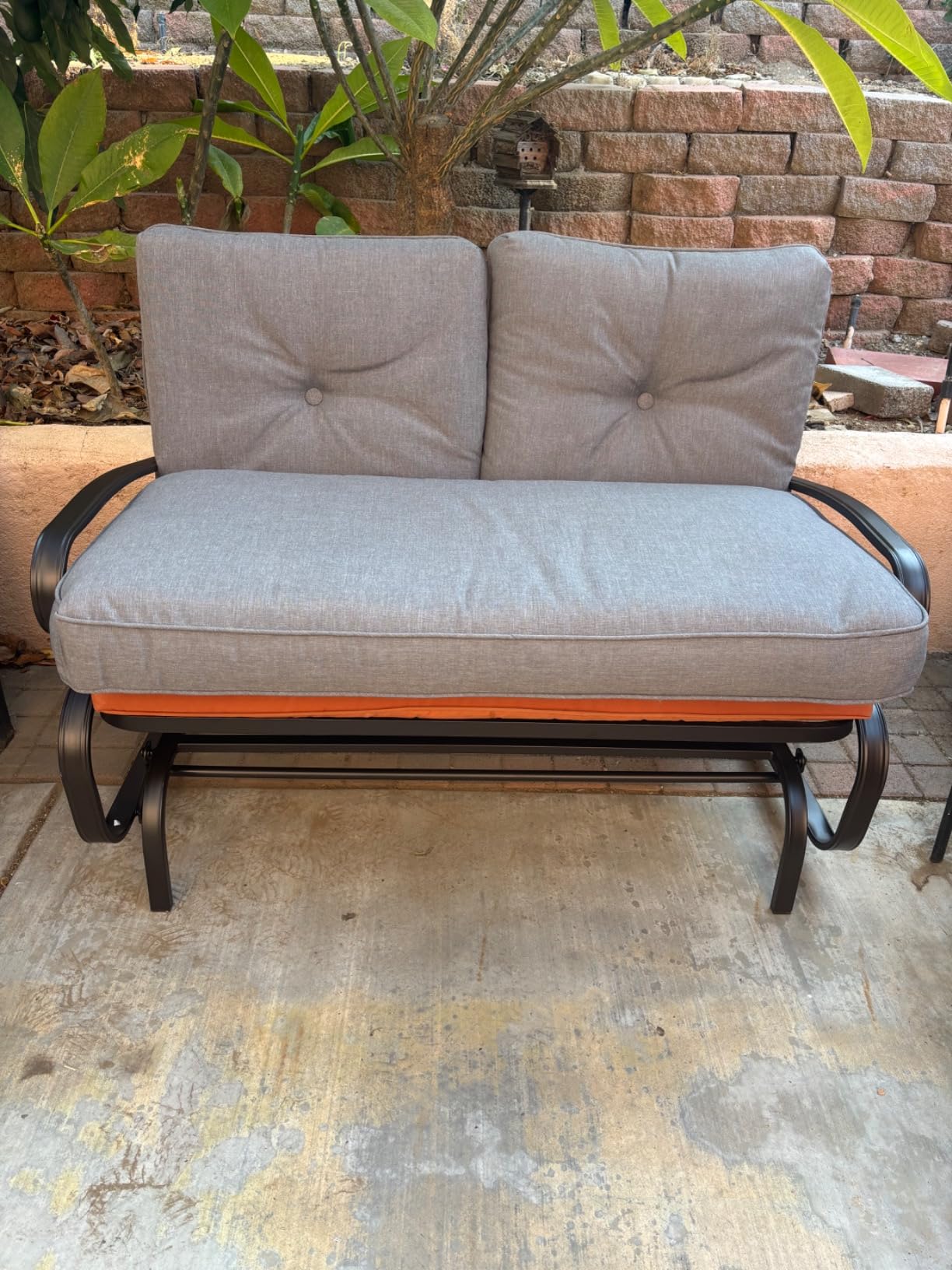 Giantex Outdoor Glider Bench, Patio 2 Person Loveseat with Removable Cushion, Thick Padded Seat, Stable Steel Frame, Outside Glider Swing Chair for Deck, Poolside, Yard, Balcony, Porch, Beige customer photo 1