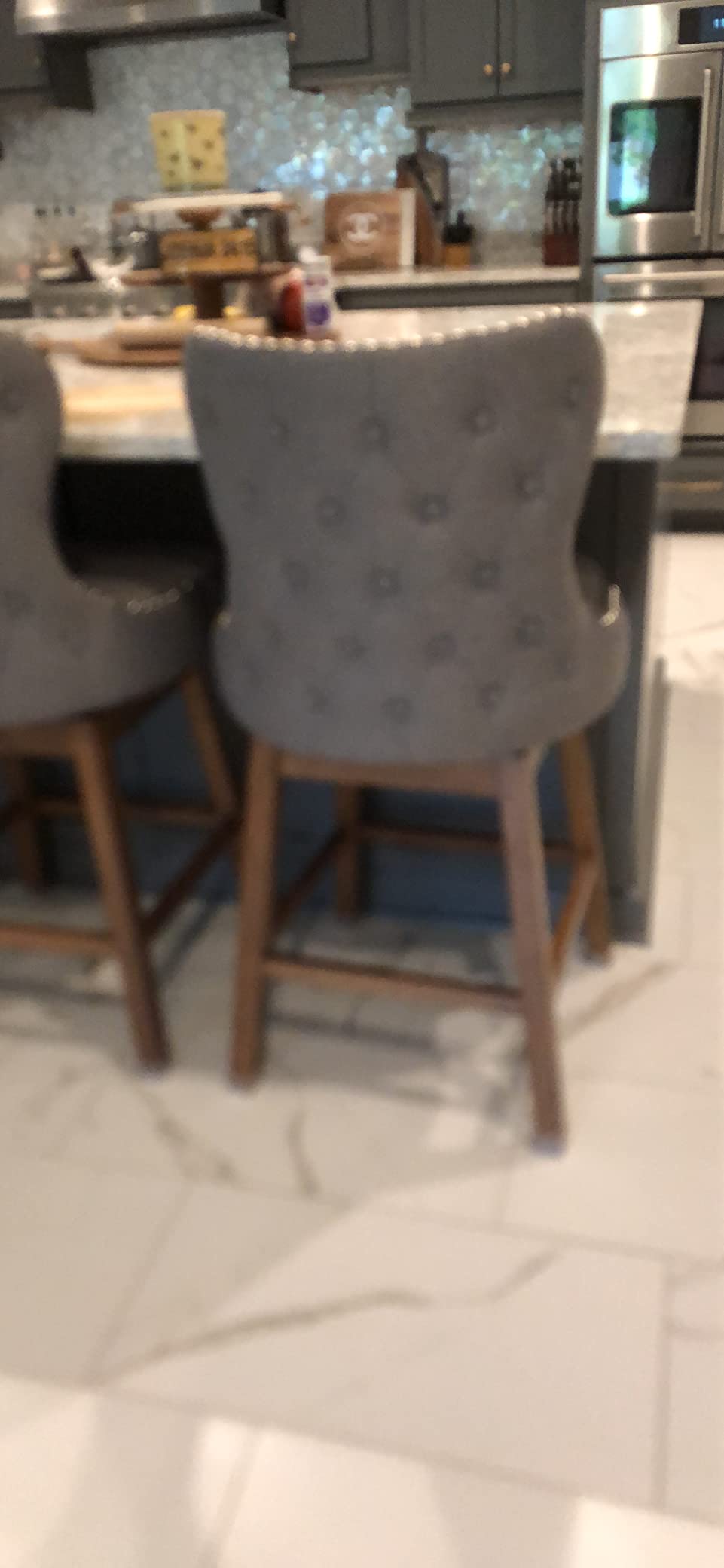Gradisca Modern and Contemporary Brown Wood Finishing and Grey Fabric Button-Tufted Upholstered Swivel Barstool customer photo 2