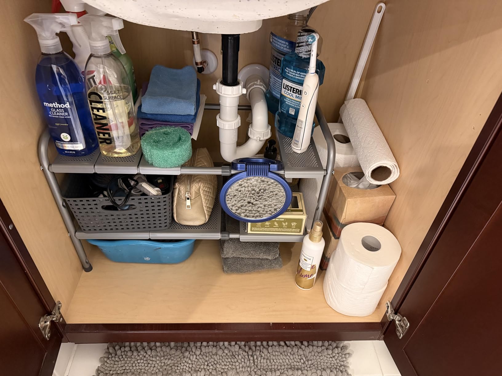 Simple Houseware Under Sink 2-Tier Heavy Duty Expandable Rack Organizer, Adjustable Width 15.75-25 Inches with 4 Shelf Height Levels, Silver customer photo 1