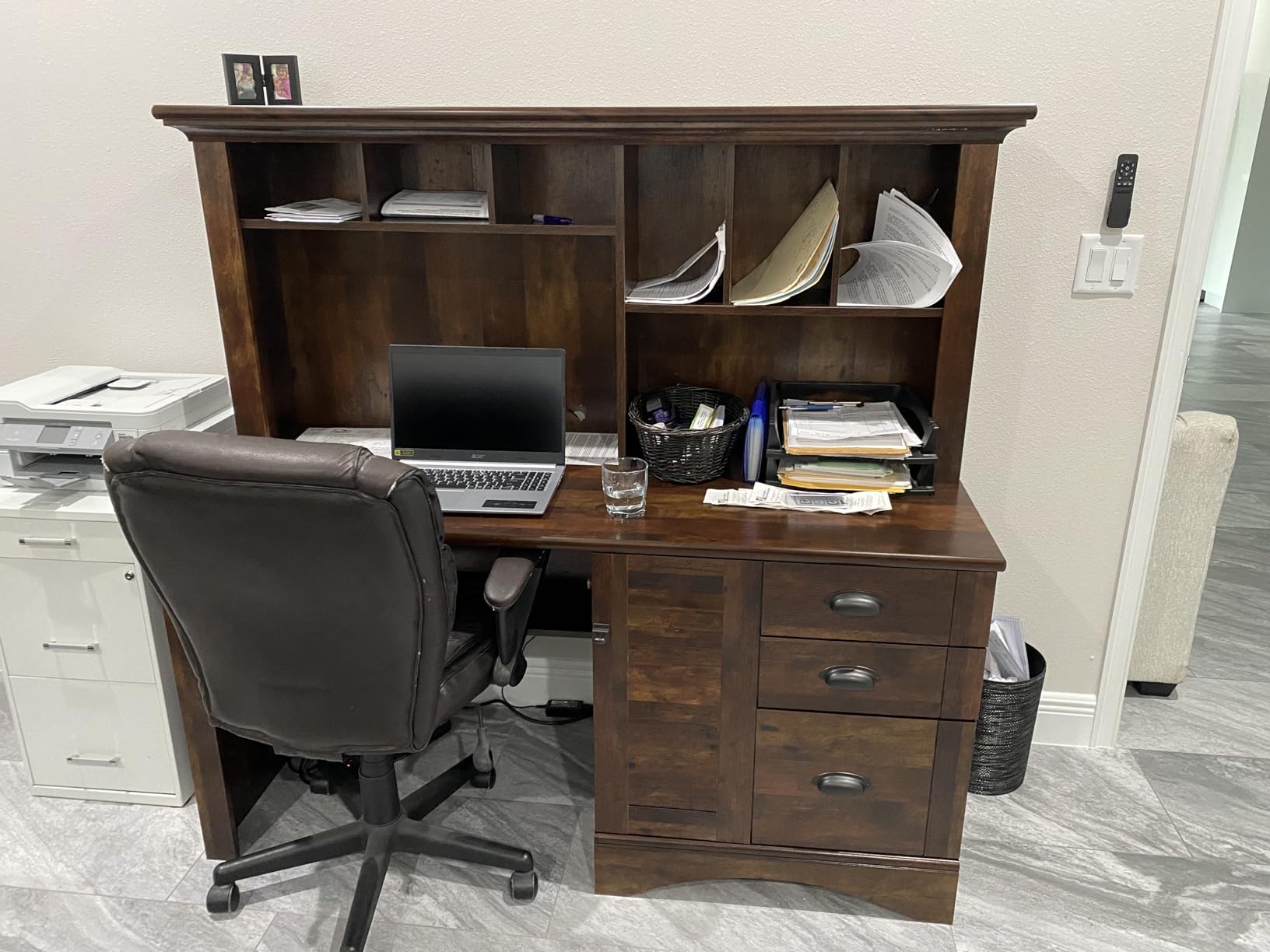 Sauder Harbor View Home Office Computer Desk with Hutch, Keyboard Tray, in Curado Cherry finish customer photo 2