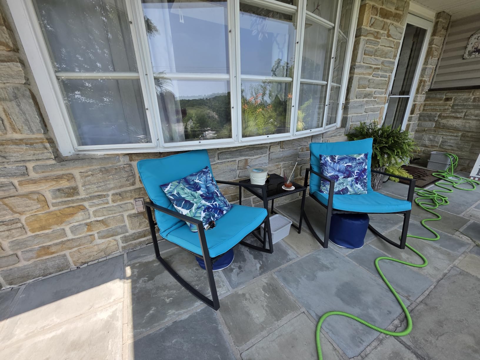 SUNCROWN 3 Piece Outdoor Rocking Bistro Set Brown Wicker Furniture Porch Chairs Conversation Sets with Glass Coffee Table, Beige customer photo 1