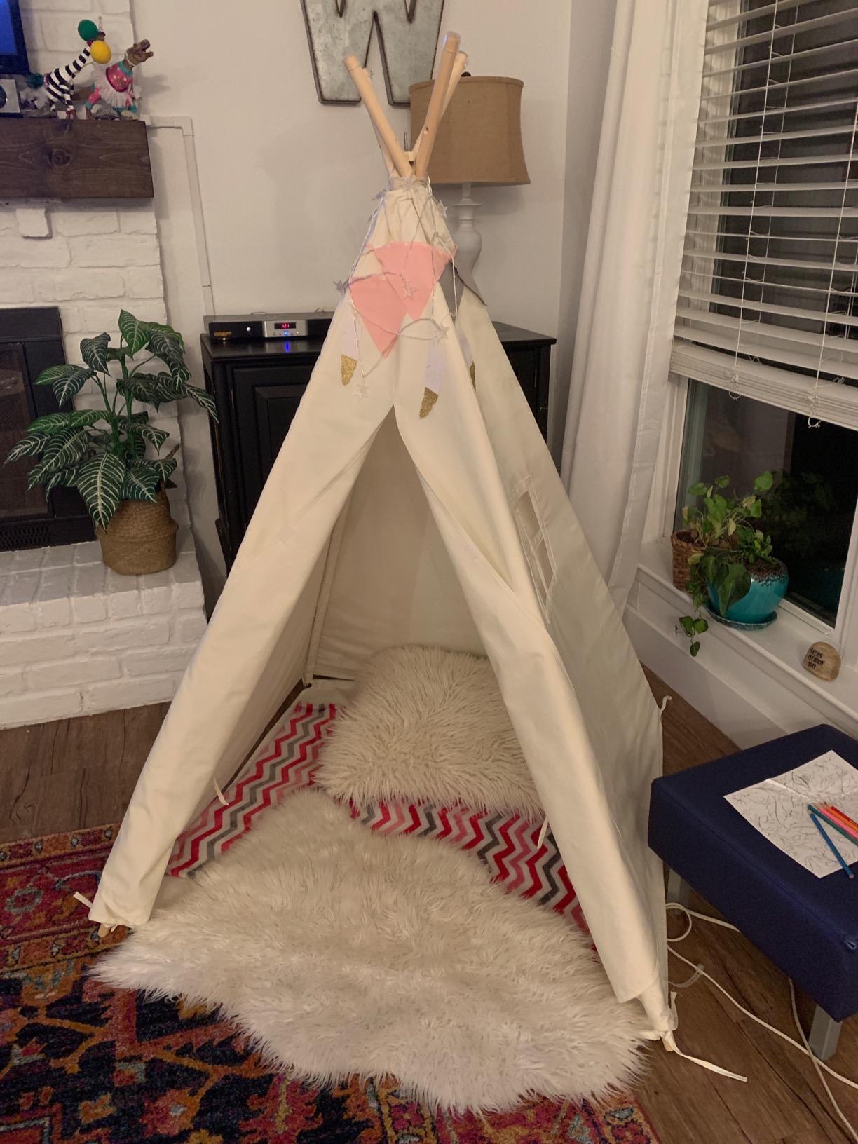 Little Dove Teepee Tent for Kids with Star Lights, Mat & Campfire Toy, Premium Cotton Canvas Kids Play Tent with Wooden Poles, Foldable Indoor Outdoor Playhouse with Carry Bag, Gift for Boys customer photo 1