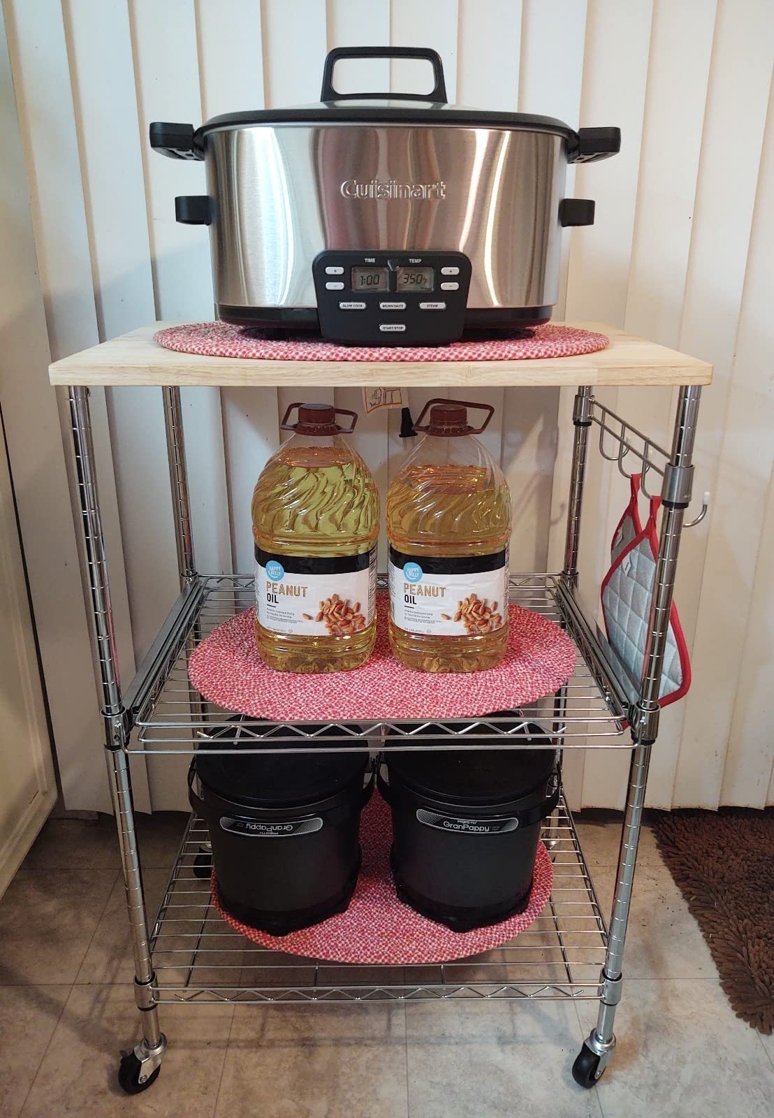 Finnhomy 3-Tier Rolling Kitchen Cart, Microwave Cart with Oak Wood Tabletop and Drawer Slider, Coffee Cart & Food Service Cart with Hooks customer photo 2
