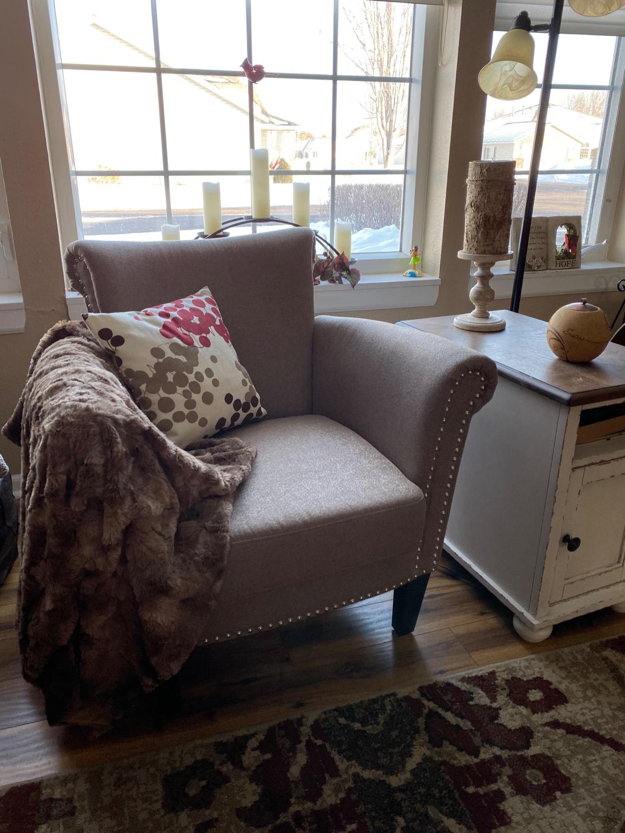 Christopher Knight Home Brice Vintage Scroll Arm Studded Fabric Club Chair, Light Coffee / Dark Brown, 31D x 29.5W x 31.5H in customer photo 2