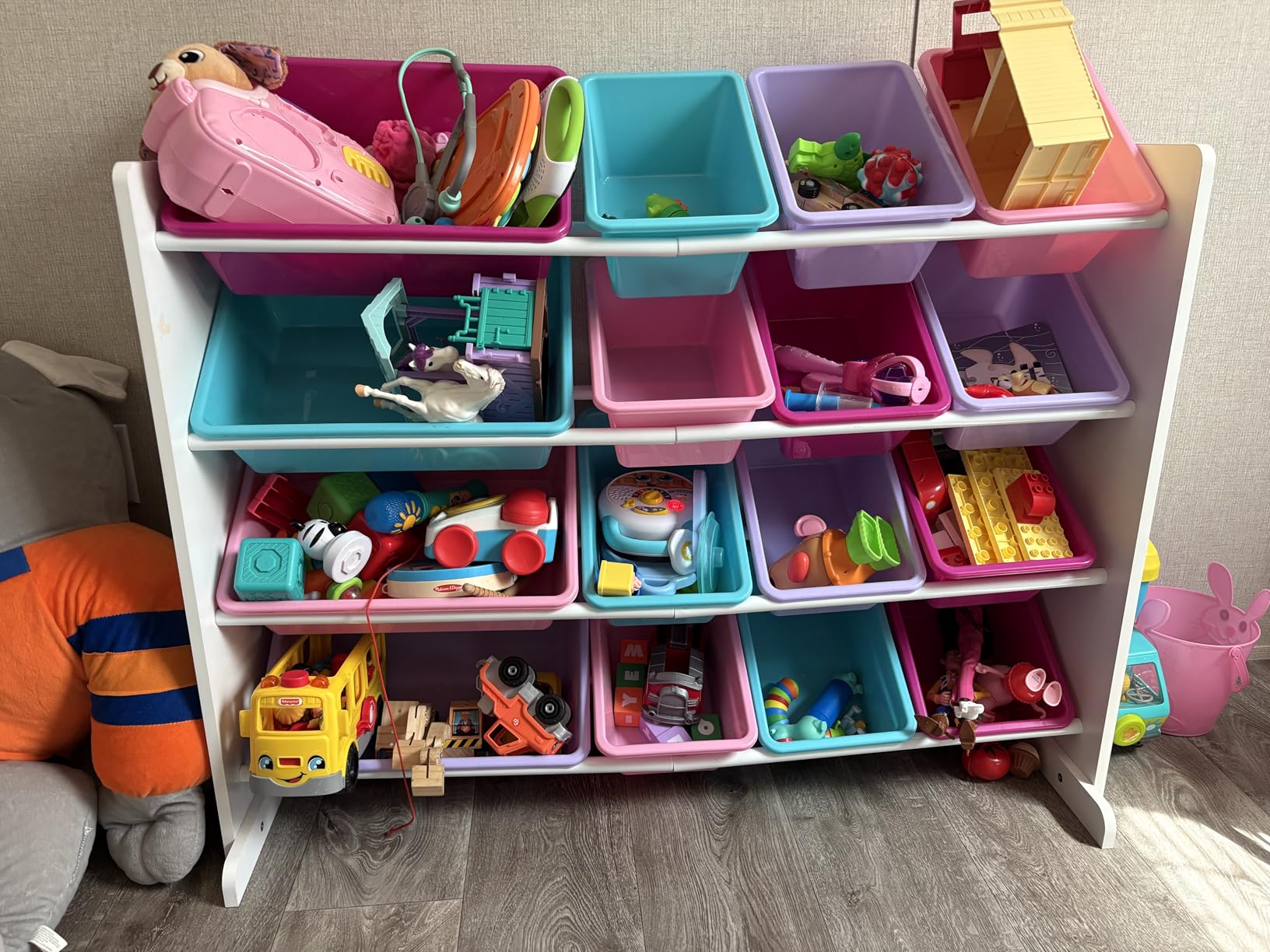 Humble Crew Kids Toy Organizer with 16 Bins, 4 Tier Storage for Playroom | Sturdy wood and steel toddler shelf, removable BPA-free containers, wall anchor anti-tip safety kit for bedroom or classroom customer photo 1