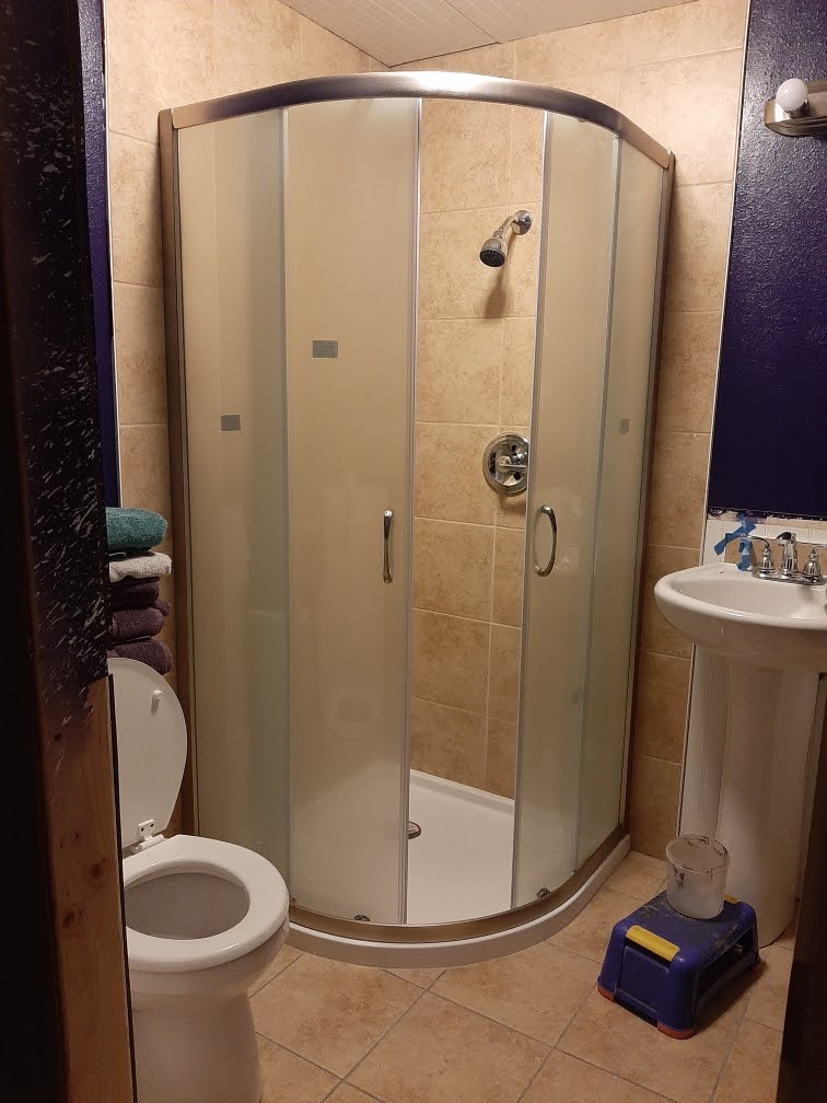 DreamLine Prime 33 in. x 74 3/4 in. Semi-Frameless Frosted Glass Sliding Shower Enclosure in Brushed Nickel with White Base Kit, DL-6701-04FR customer photo 2