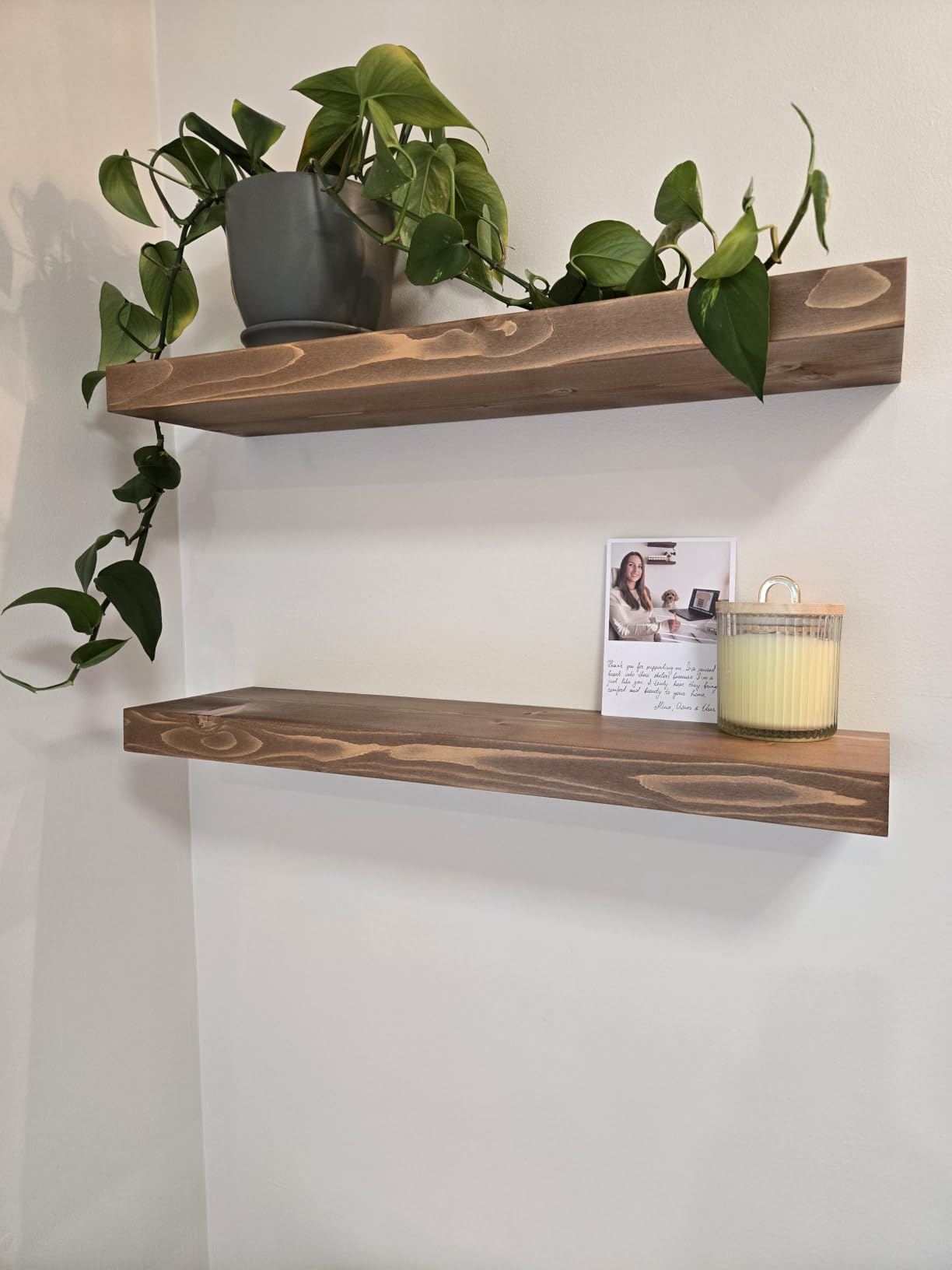 Solid Wood Floating Shelves for Wall 24 Inch Walnut, Wooden Bathroom Shelf | Real Wood, Wall Mounted, Rustic Farmhouse, Bedroom Kitchen Living Room, Walnut Finish, 24W x 6,7D, Set of 2 customer photo 1