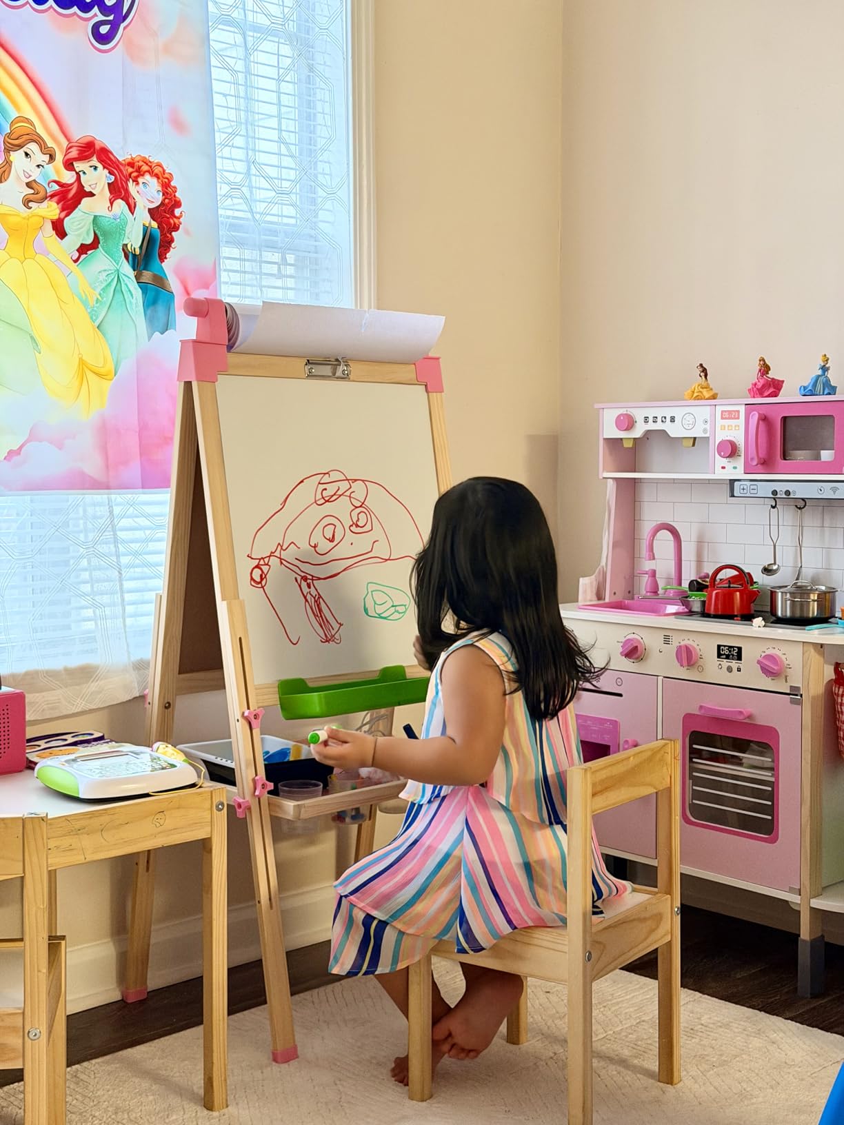 JOYOOSS Kids Wooden Easel with Paper Roll - Adjustable Magnetic Double Sided Drawing Board Whiteboard & Chalkboard Dry Easel Board,Children Art Easel for 3~12 Years Kids Boys Girls Painting Drawing customer photo 1