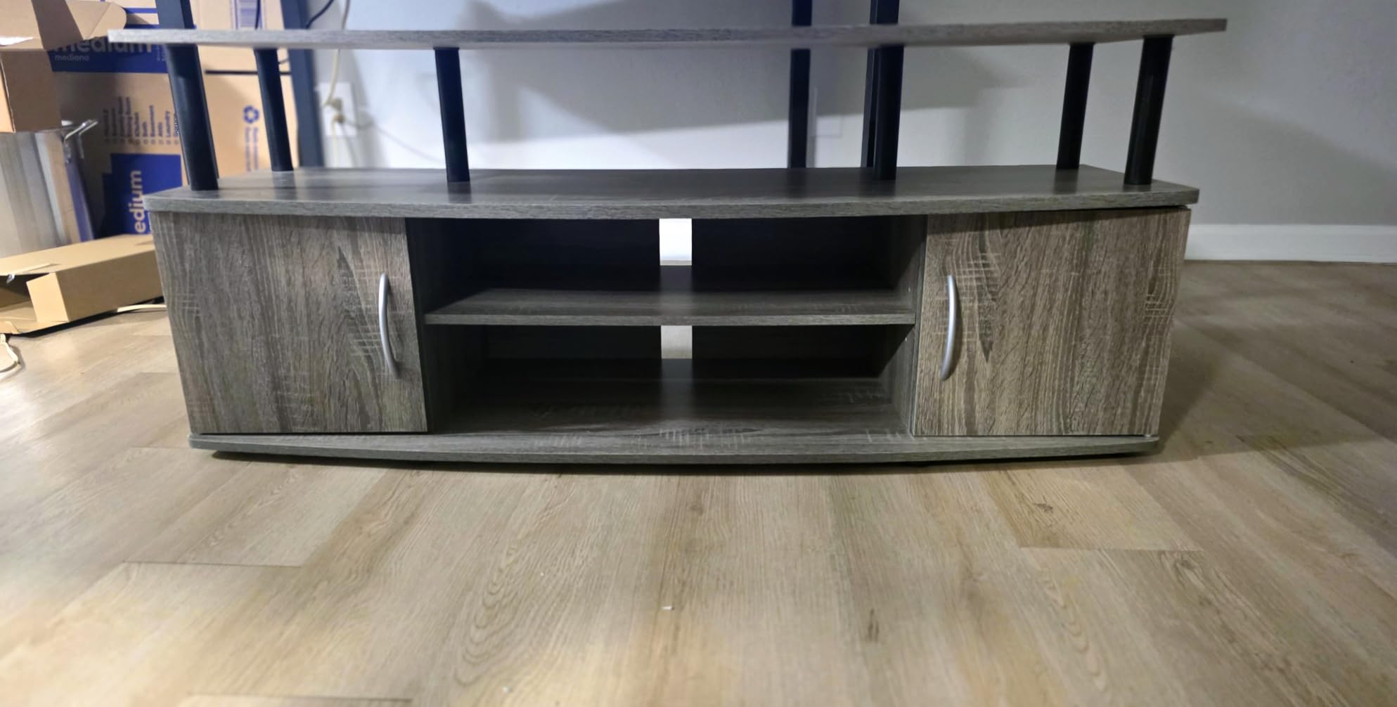 Furinno JAYA Large Entertainment Stand for TV Up to 55 Inch, French Oak Grey/Black | with Open Shelf, TV Console, for TV up to 55 Inch, 2 Doors and Cable Management Holes, for Living Room, Bedroom customer photo 1