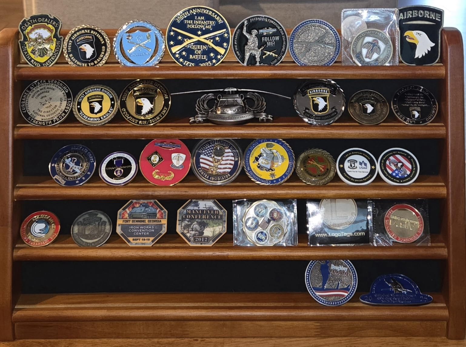 Challenge Coin Display Case, 5 Row Military Coin Wooden Holder Rack Stand Holds 50 Coins for Desk or Wall Mount, Coin Holders for Collectors (Black Finish) customer photo 1