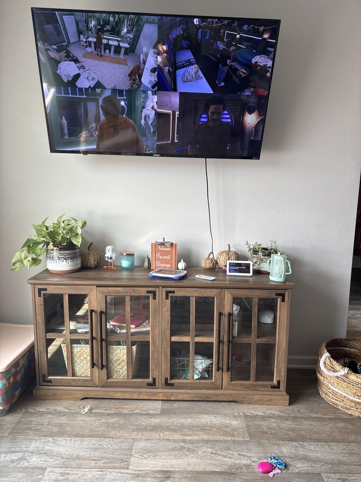 Walker Edison Farmhouse Barn Glass Door Wood Universal TV Stand for TV's up to 64