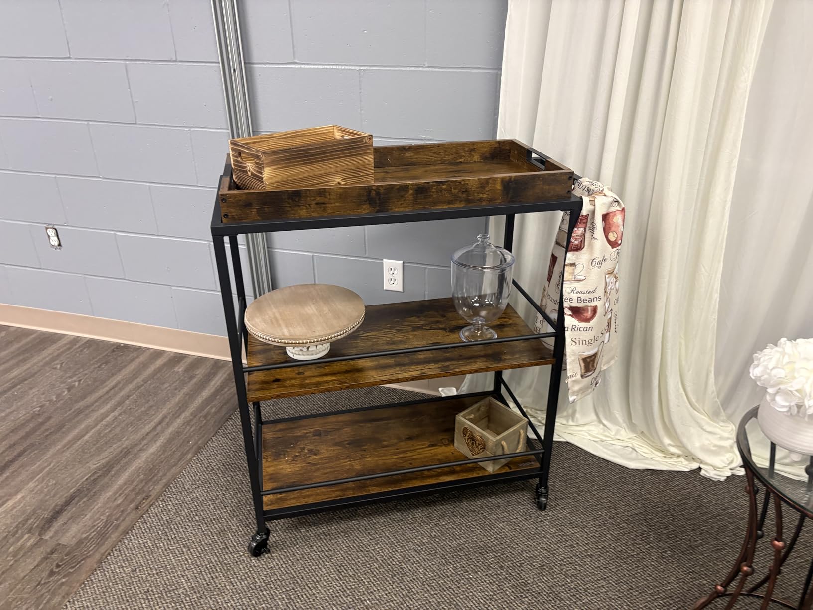 VASAGLE Kitchen Serving Cart with Removable Tray, 3-Tier Kitchen Utility Cart on Wheels with Storage, with Brakes, Leveling Feet, 15.7 x 28.3 x 33.9 Inches, Rustic Brown and Black ULRC72X customer photo 2