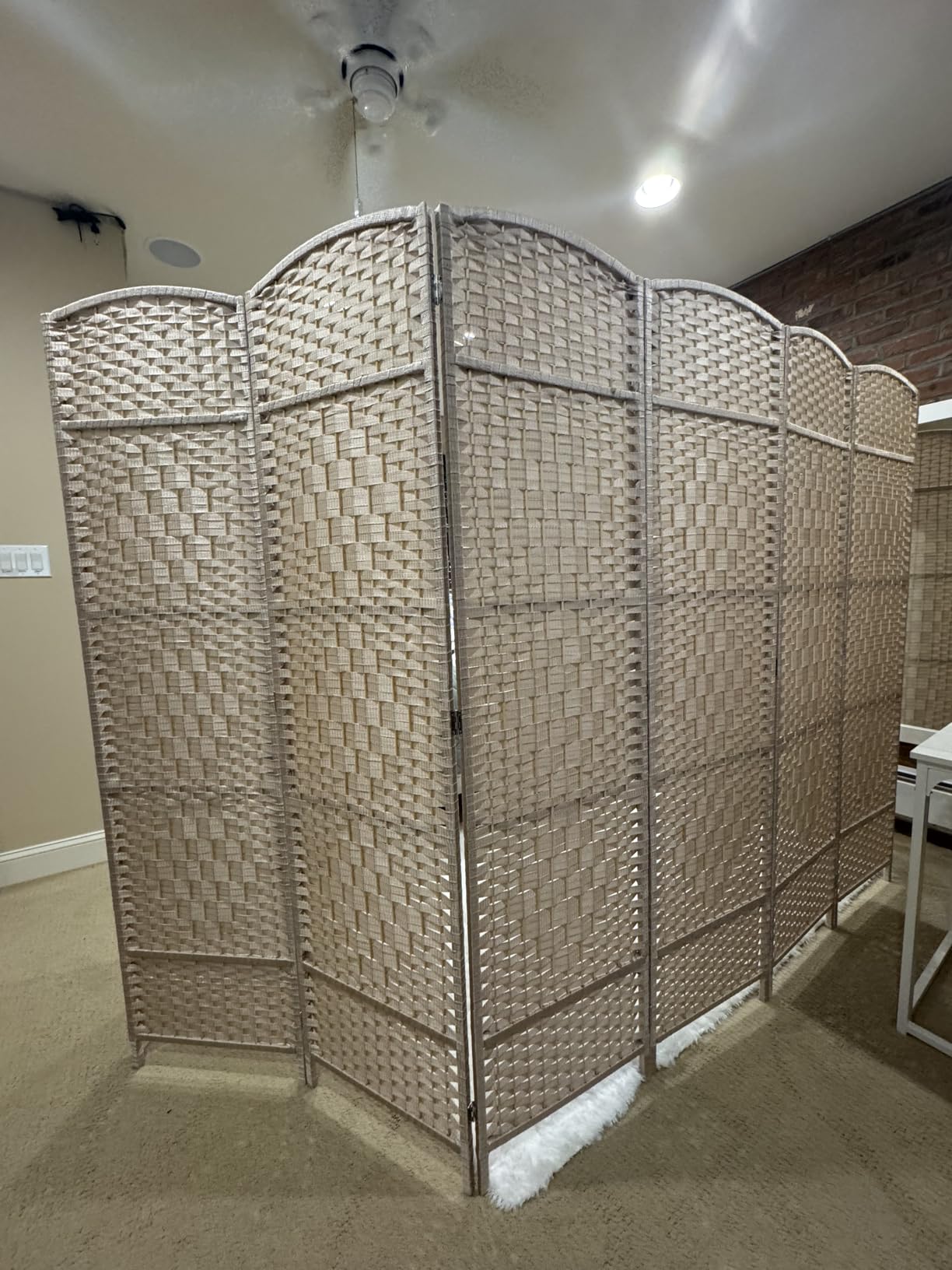 6 Panel Folding Room Divider, Woven Privacy Screen, Light Beige | Solid wood frame, handcrafted diamond pattern customer photo 2