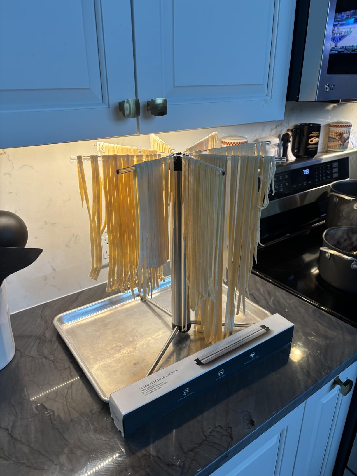 KITCHENDAO Collapsible Pasta Drying Rack, Foldable for Easy Storage, Rotary Arms, Detachable for Easy Cleaning, Stainless Steel Homemade Hanging for up to 6 lbs, Pasta Noodle Spaghetti Stand Hanger customer photo 2