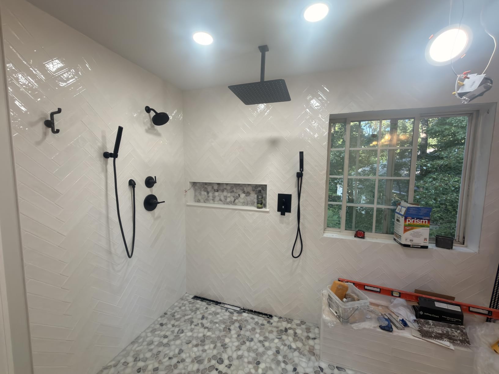 SR SUN RISE 12 Inch Ceiling Mount Matte Black Shower System Bathroom Luxury Rain Mixer Shower Faucet Set Ceiling Rainfall Shower Head System Faucet Trim Repair Kits Rough-in Valve and Trim Included customer photo 1