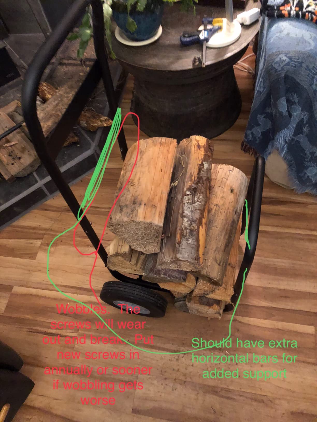 Fire Beauty Firewood Log Cart, Indoor Outdoor Firewood Storage Dolly Hauler | Heavy Duty Iron Dolly Cart, holds firewood for fireplace, smooth solid wheels for rough ground transport customer photo 2