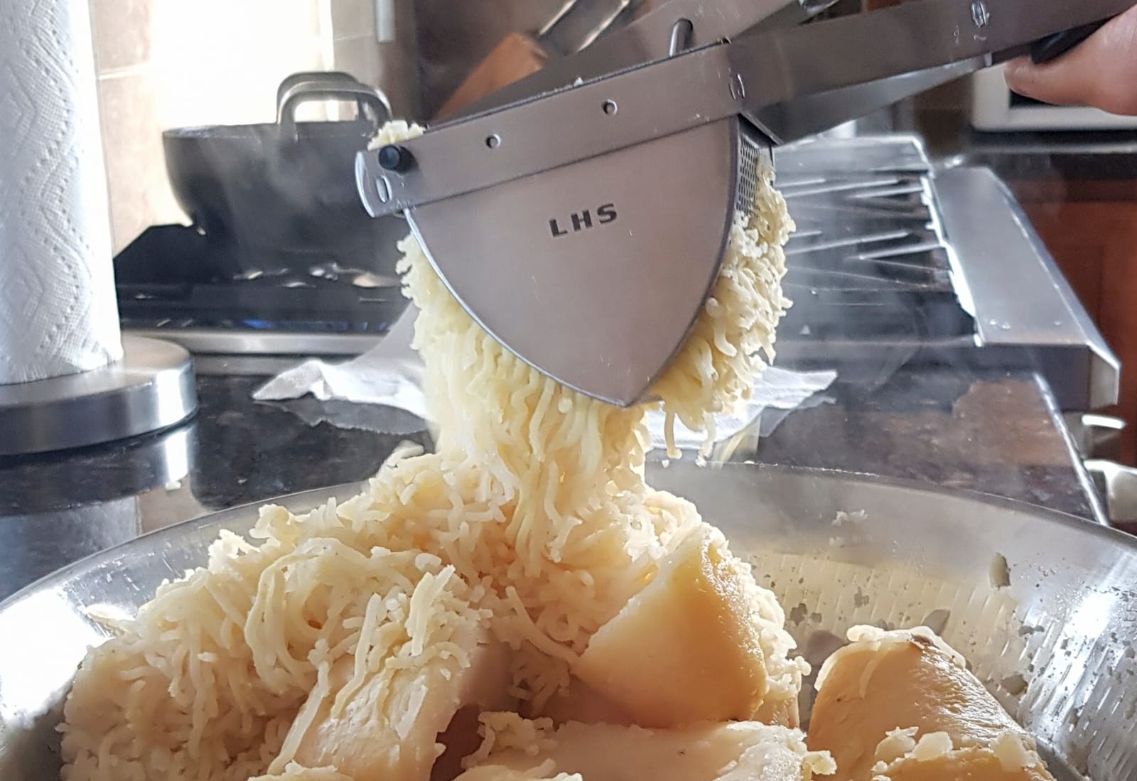 LHS Stainless Steel Potato Ricer and Masher, Heavy Duty Commercial Food Masher, Ergonomic Comfort Grip, Extra Large Capacity, Dishwasher Safe (Black) customer photo 2