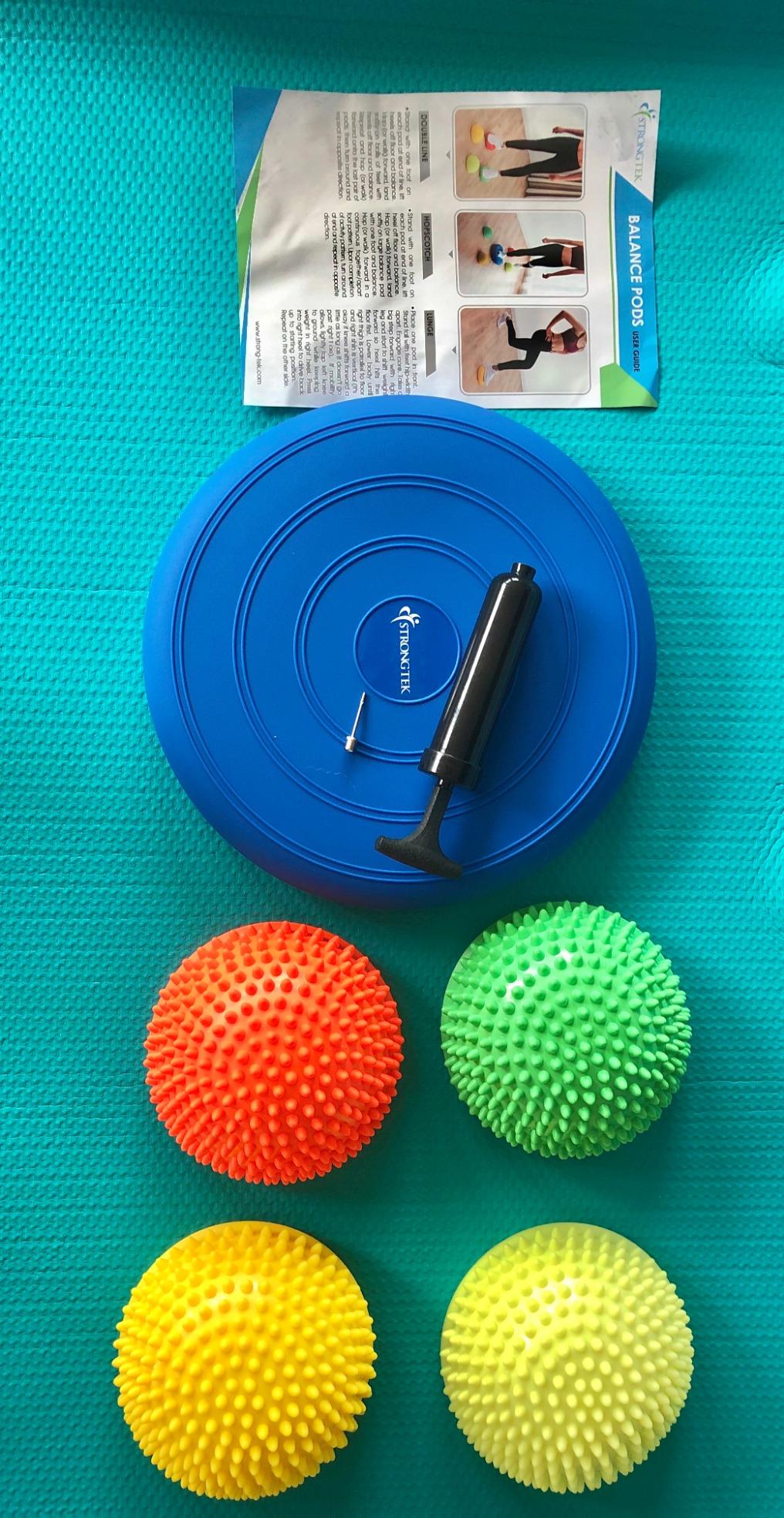StrongTek Balance Pod Kit, 4 Hedgehog Pods, Wobble Cushion, Air Pump | Adjustable Firmness, Textured Foot Massage, Agility and Coordination Training, Core Stability and Physical Therapy customer photo 1