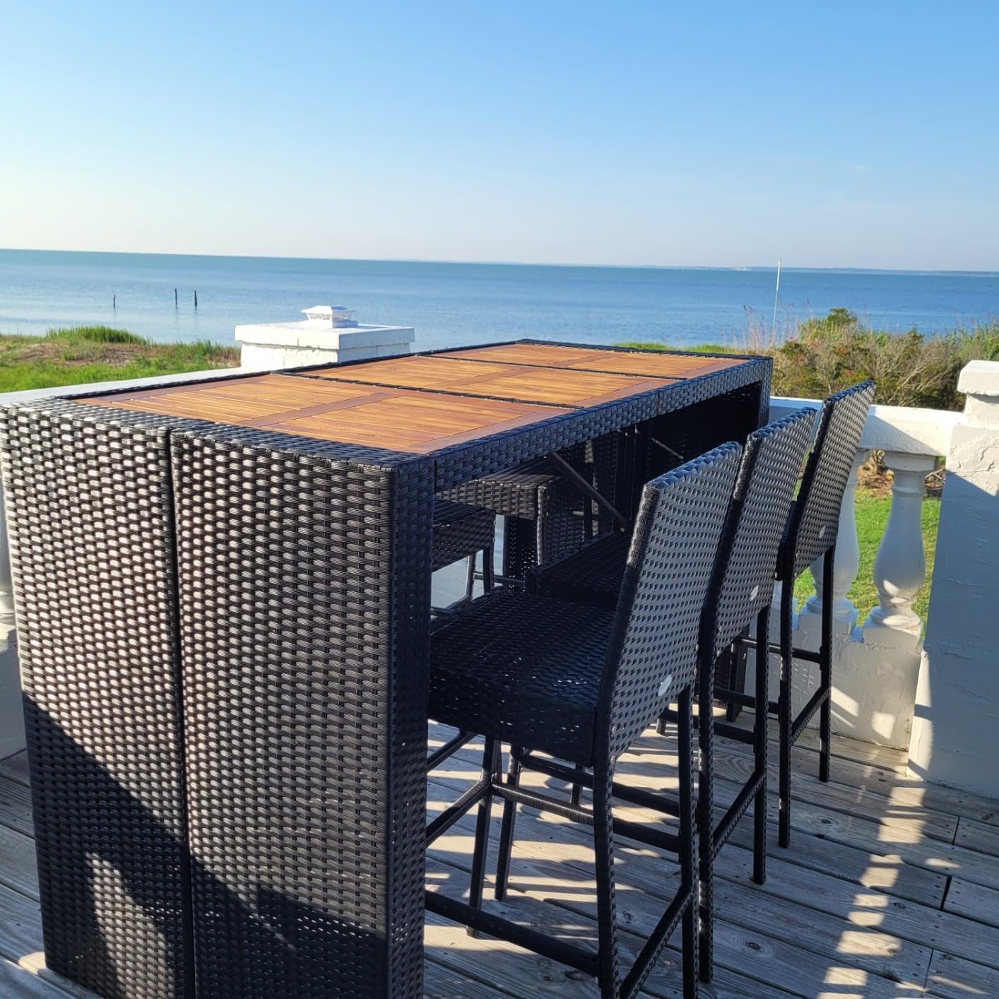 Tangkula 7 PCS Outdoor Wicker Furniture with Acacia Wood Bar Table Top and Removable Cushion, Conversation Set for Dining, Patios, Backyards, Porches, Gardens and Poolside (Black) customer photo 1
