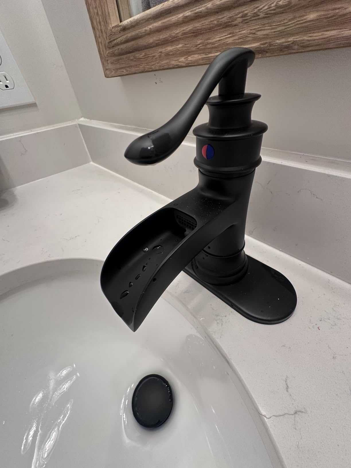 BWE Black Bathroom Sink Faucet 1 Hole, Single Handle Waterfall Faucet with Pop Up Drain and Water Hoses, Vanity Faucet for Home or Commercial Use, Brass Construction customer photo 1