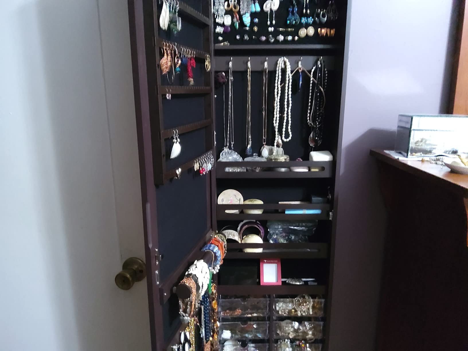 CHARMAID Jewelry Cabinet Armoire, Wall Mount Door Hanging, Lockable Jewelry Organizer with 47.5'' Full Length Mirror, 5 Lights, Large Jewelry Storage Box with 6 Acrylic Drawers (Brown) customer photo 2