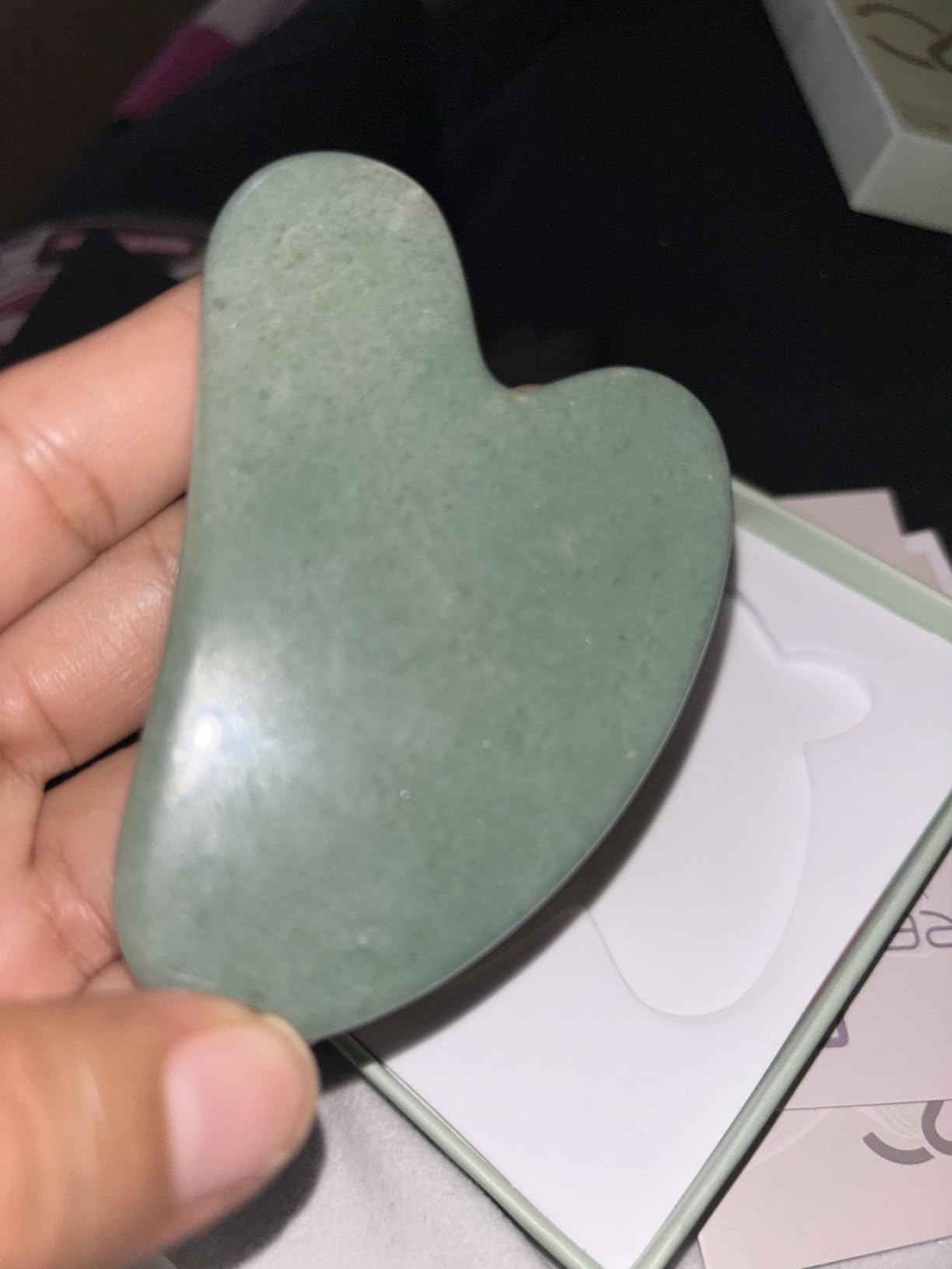 Rena Chris Gua Sha Facial Tools: Jade Stone Guasha Tool for Face Acupuncture Therapy, Facial Massager for Jawline Sculpting and Puffiness Reducing (Green) customer photo 1