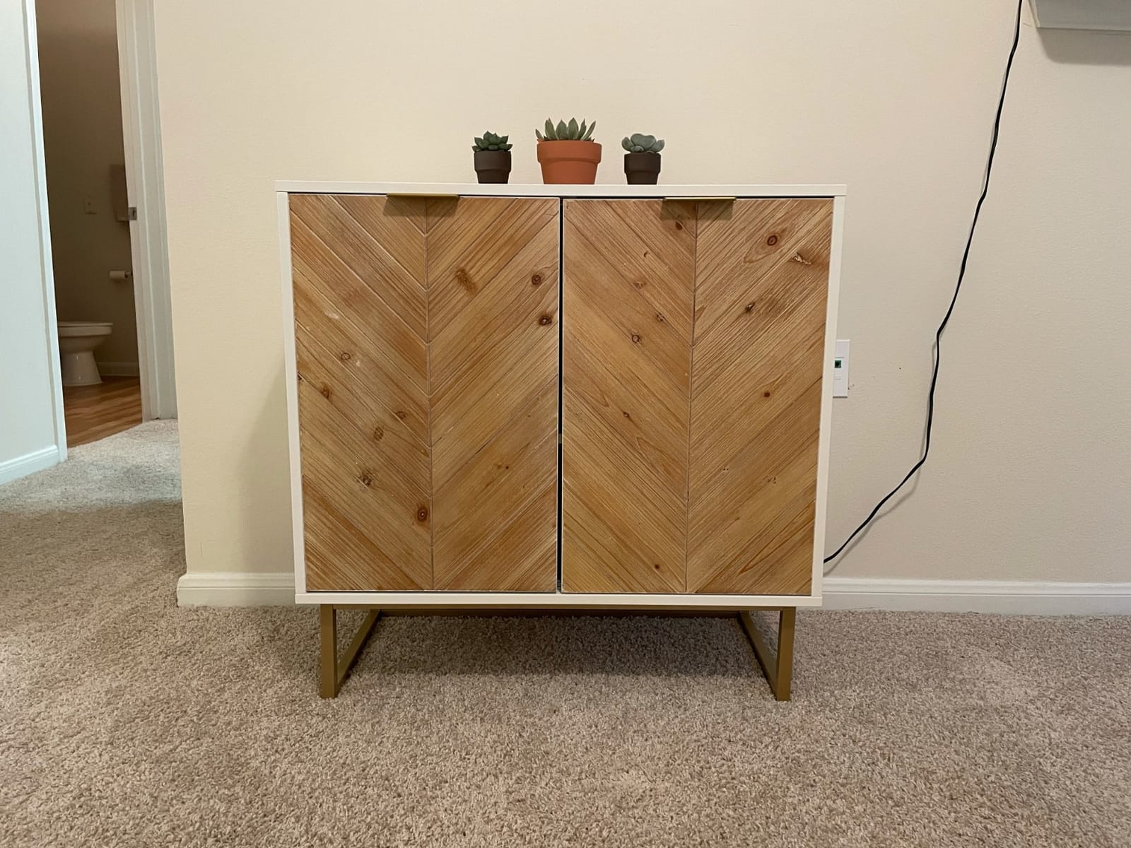 Nathan James Enloe Modern Storage Free Standing Accent Cabinet White with Doors in a Rustic Pine Wood Finish and Gold Powder-coated Metal Base for Hallway, Entryway or Living Room customer photo 1