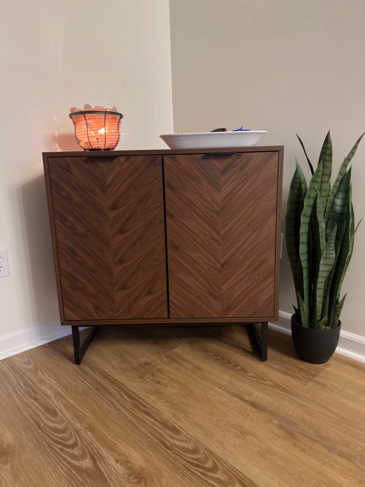 Nathan James Enloe Modern Storage Free Standing Accent Cabinet White with Doors in a Rustic Pine Wood Finish and Gold Powder-coated Metal Base for Hallway, Entryway or Living Room customer photo 2