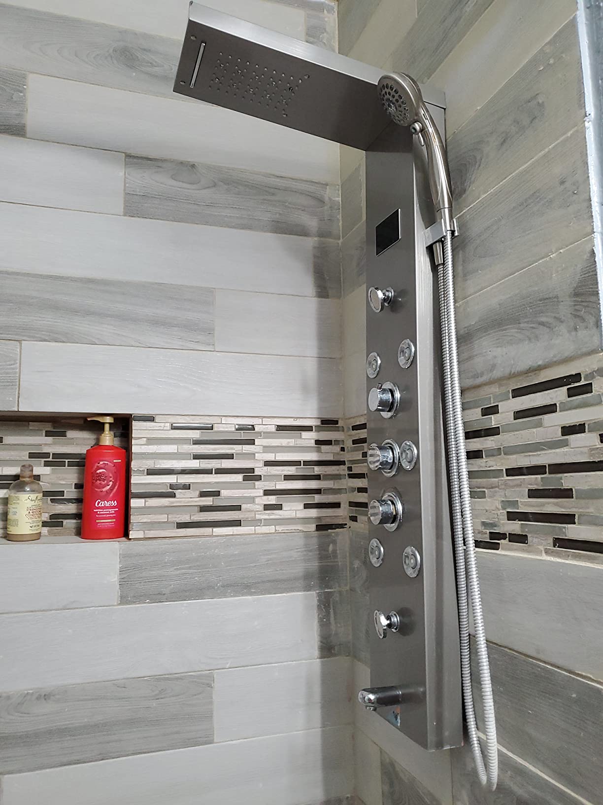 FUZ Contemporary Shower Panel Tower System Stainless Steel 6-Function Faucet LED Rainfall Waterfall Shower Head + Handheld Sprayer + Rain Massage Body Jets + Tub Spout, Brushed Nickel customer photo 1