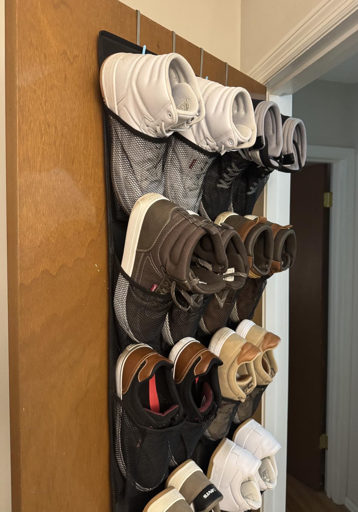 GORILLA GRIP Over the Door Shoe Organizer, 24 Large Breathable Mesh Pockets, Linen customer photo 2