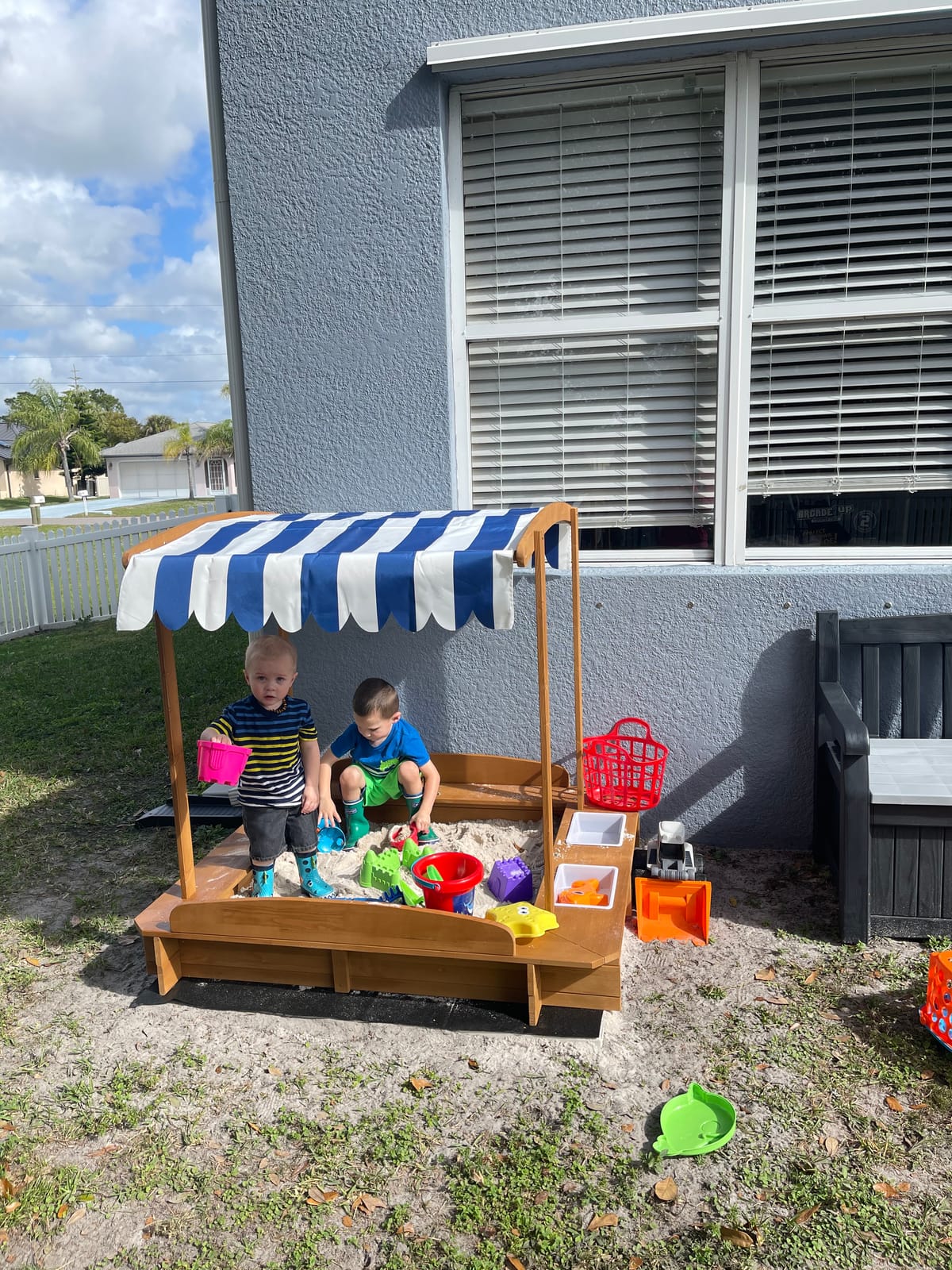 Best Choice Products Kids Wooden Cabana Sandbox Play Station for Children, Outdoor, Backyard w/ 2 Bench Seats, UV-Resistant Canopy Shade, Fabric Sandpit Cover, 2 Side Buckets - Natural customer photo 1