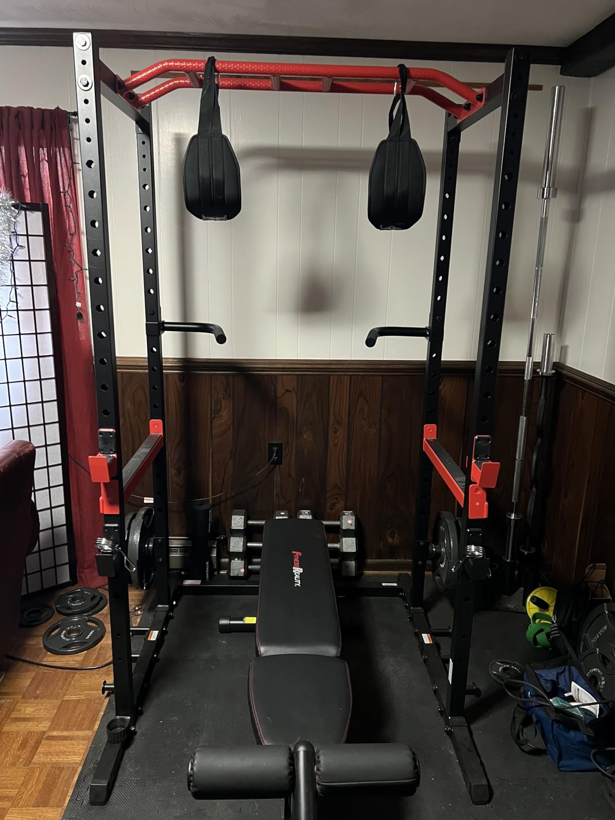 Sunny Health & Fitness Full Size Power Cage for Home Gym Training | Squats, Presses & Pull-Ups, Reversible Pull-Up Bar, Numbered Heights, 6 Band Pegs, Plate Storage, 2130 lb Rack customer photo 2