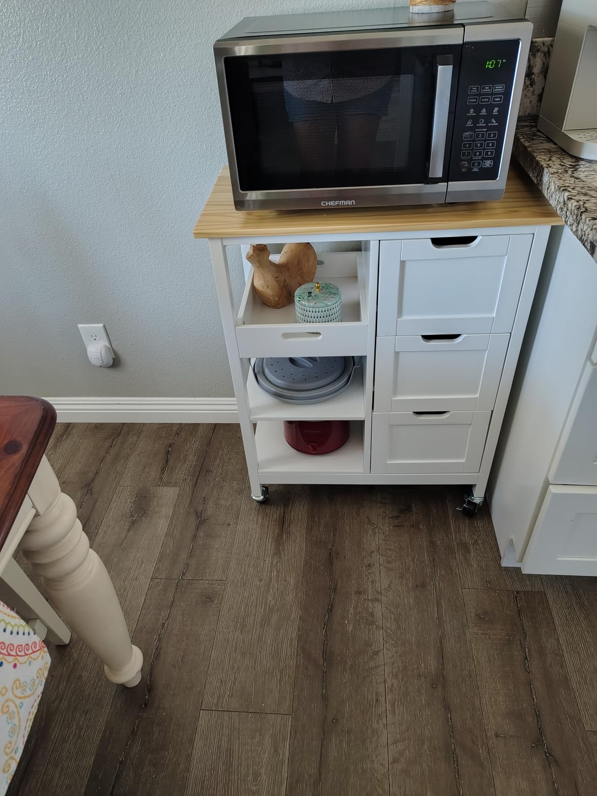 YITAHOME Small Solid Wood Top Kitchen Island Cart on Wheels with Storage, Rolling Portable Dining Room Serving Utility Carts Mobile Movable with 3 Drawers Cabinet, Oak & White customer photo 2
