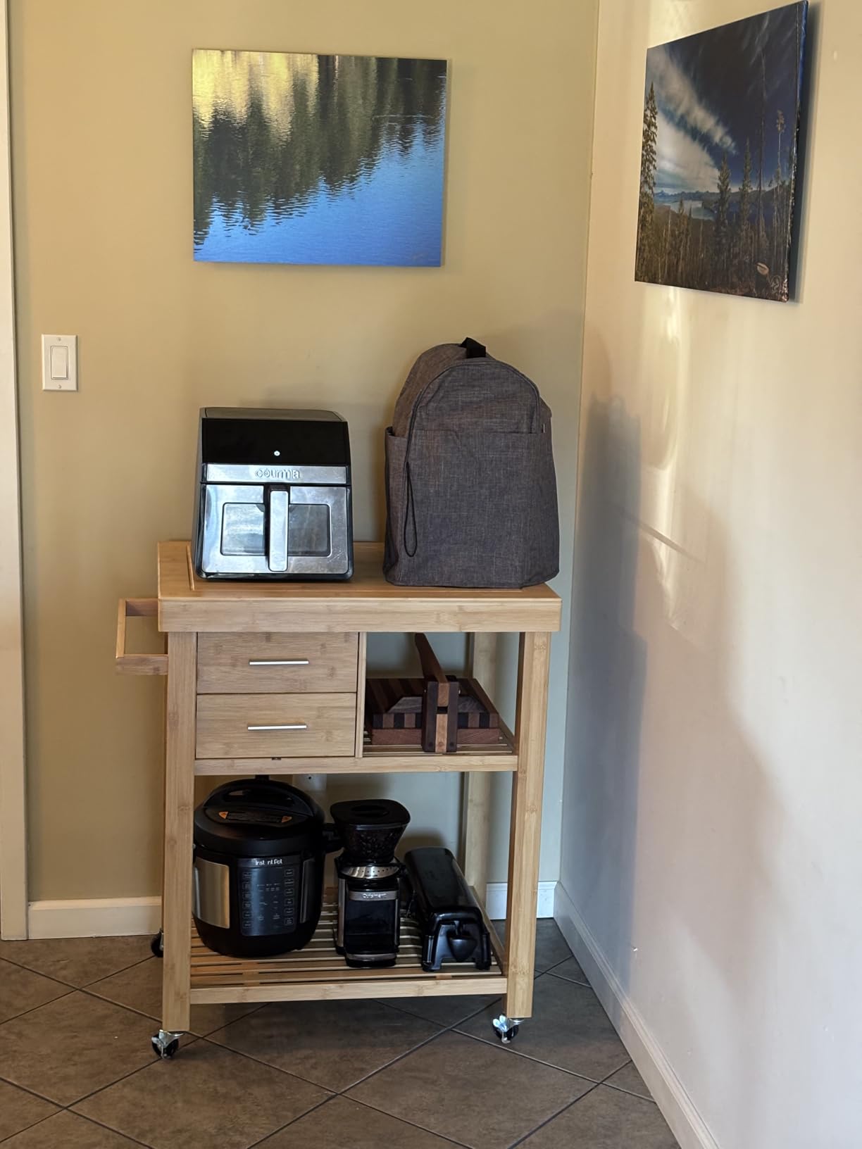 Rolling Kitchen Island Cart with Drawers Shelves, Towel Rack, Locking Casters, Butcher Block Food Prepping Cart Trolley on Wheels, Bamboo Wood customer photo 2
