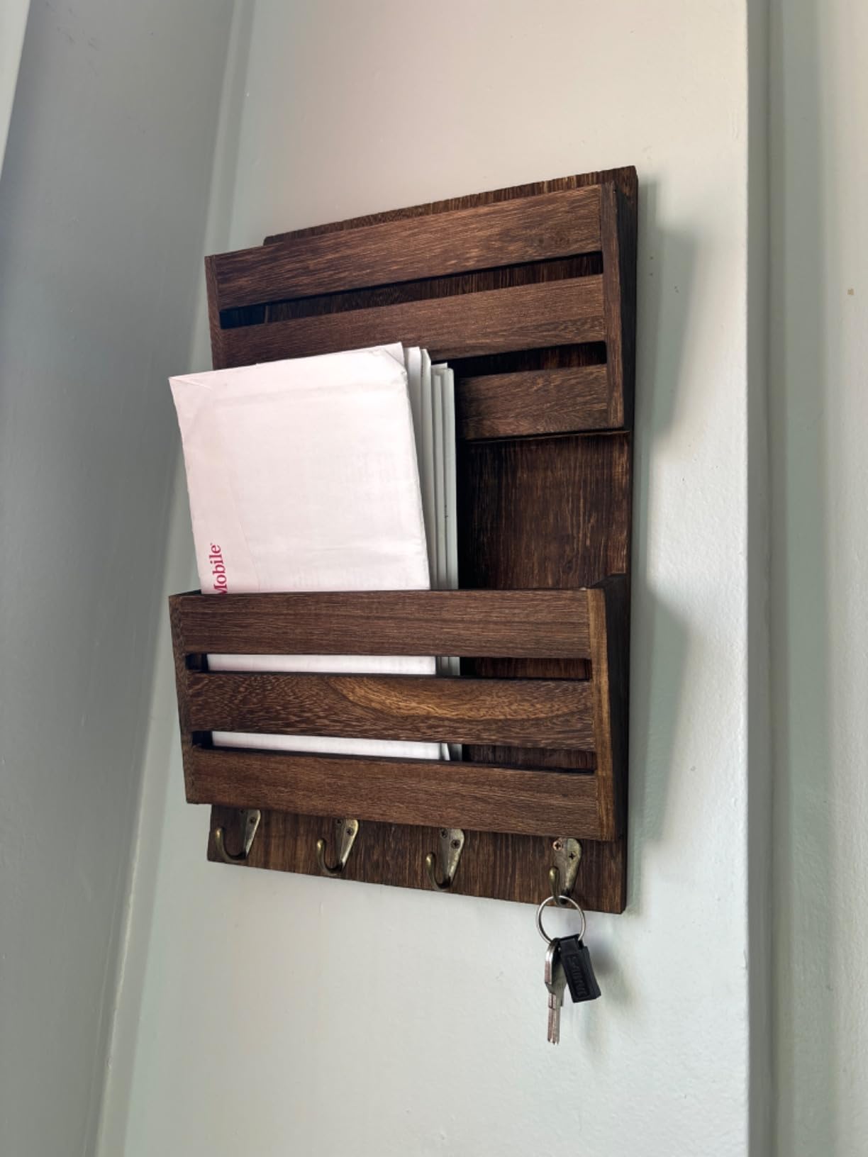MOOACE Mail Organizer Wall Mount, Wood Mail and Key Holder with Hooks | 2-Slot Mail Sorter Organizer, Office File Organizer Letter Folder for Home Farmhouse Entryway Wall Decor customer photo 1