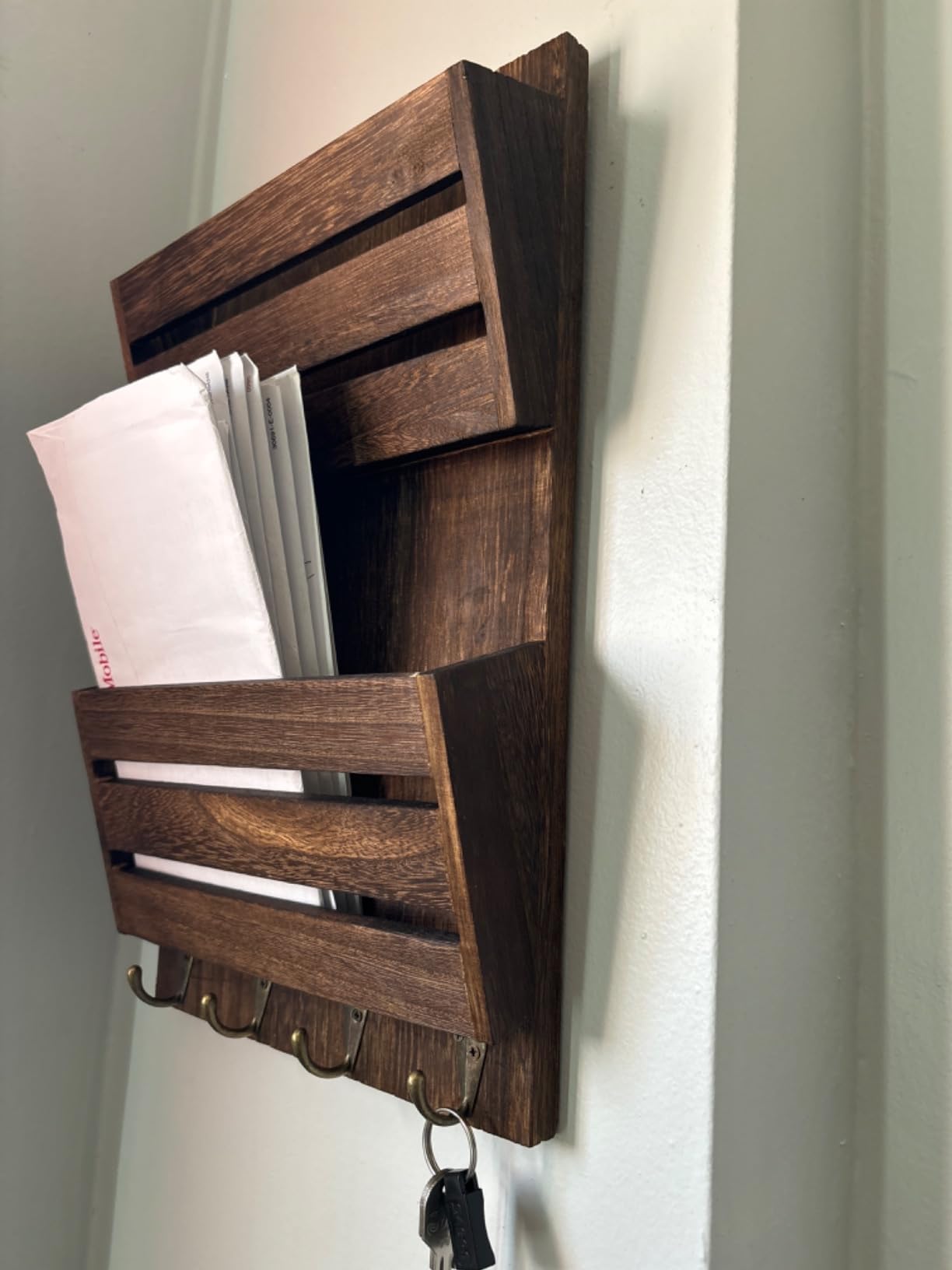 MOOACE Mail Organizer Wall Mount, Wood Mail and Key Holder with Hooks | 2-Slot Mail Sorter Organizer, Office File Organizer Letter Folder for Home Farmhouse Entryway Wall Decor customer photo 2