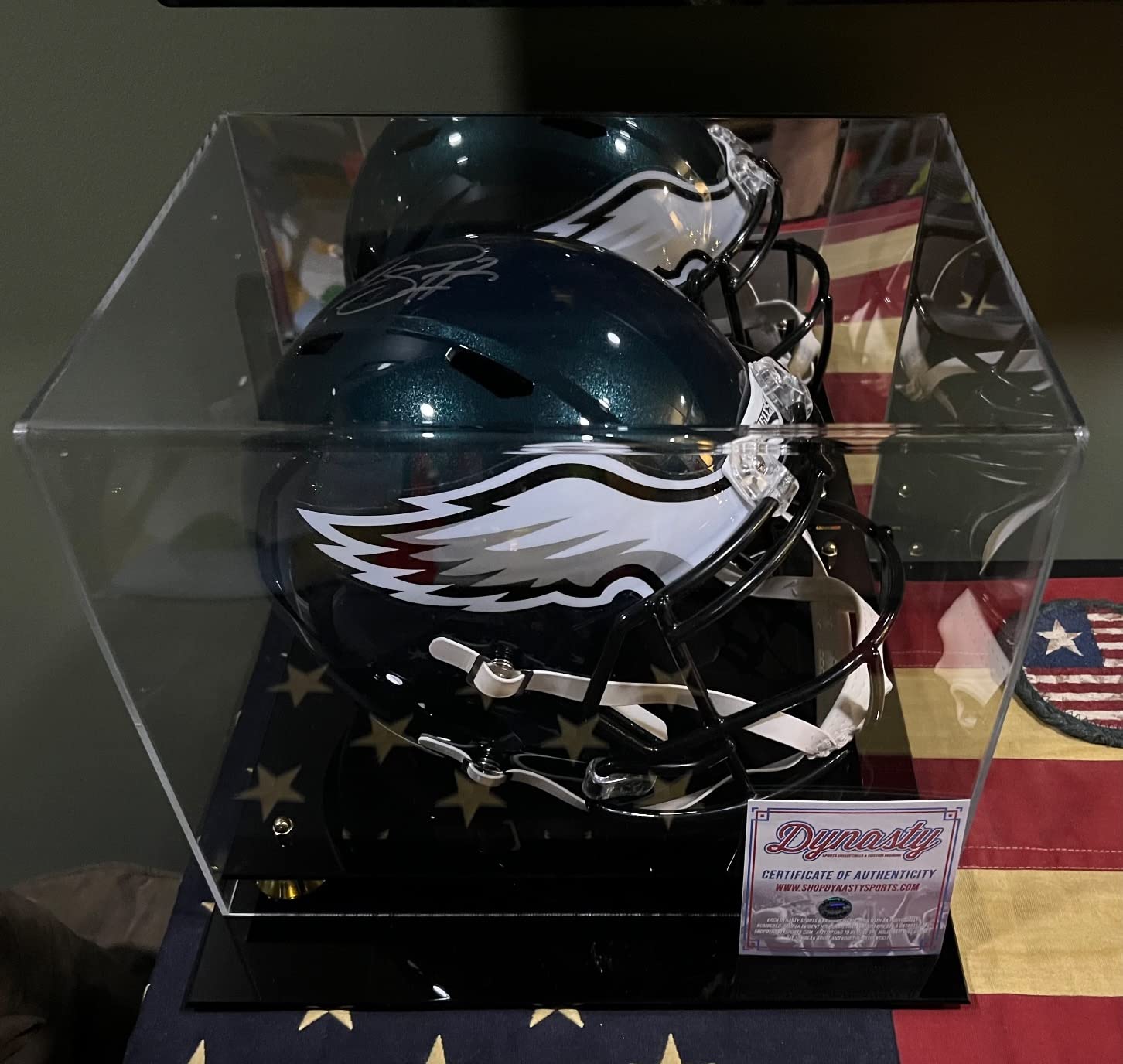 Football Helmet Display Case Full Size | Crystal Clear Acrylic Display Case | Dual Layered Black Base Helmet Case with Gold Risers | Counter Helmet Display | No Assembly Required customer photo 1