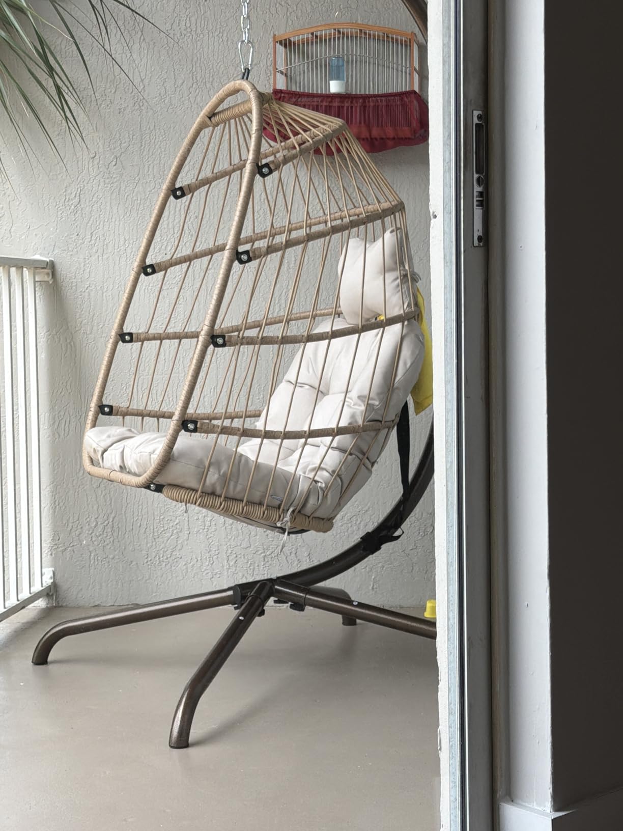 NICESOUL Hanging Egg Chair with Stand Indoor Outdoor, Comfy Patio Rattan Swing Hammock Chairs with Cushion, 350lbs Capacity Egg Shaped Chair for Lawn Backyard Balcony Bedroom, Birthday Gift, Beige customer photo 2