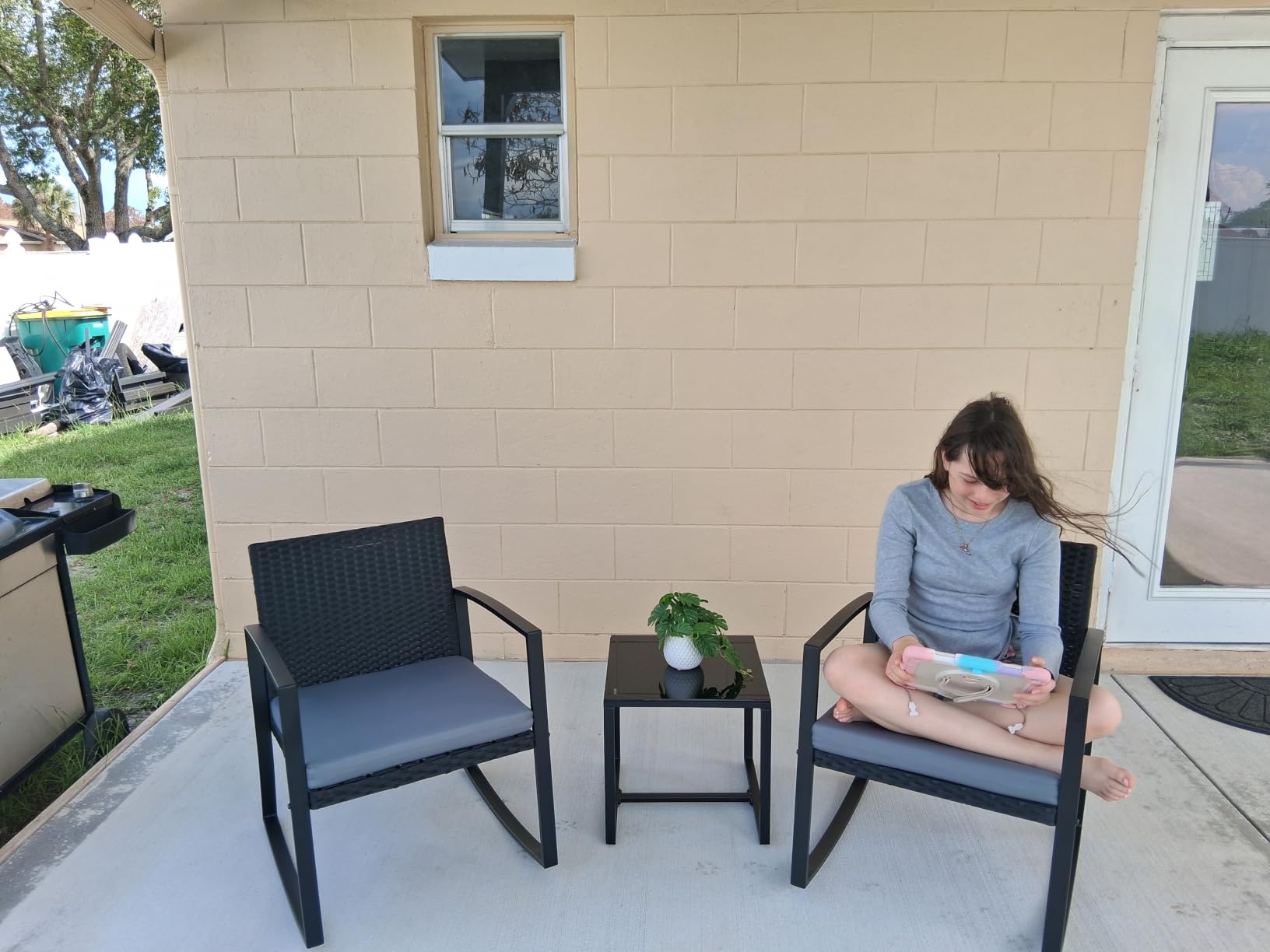 Qsun 3 Pieces Patio Furniture Set Rocking Bistro Set Outdoor Rattan Conversation with Coffee Table for Garden Balcony Backyard Poolside (Grey Cushion) customer photo 2