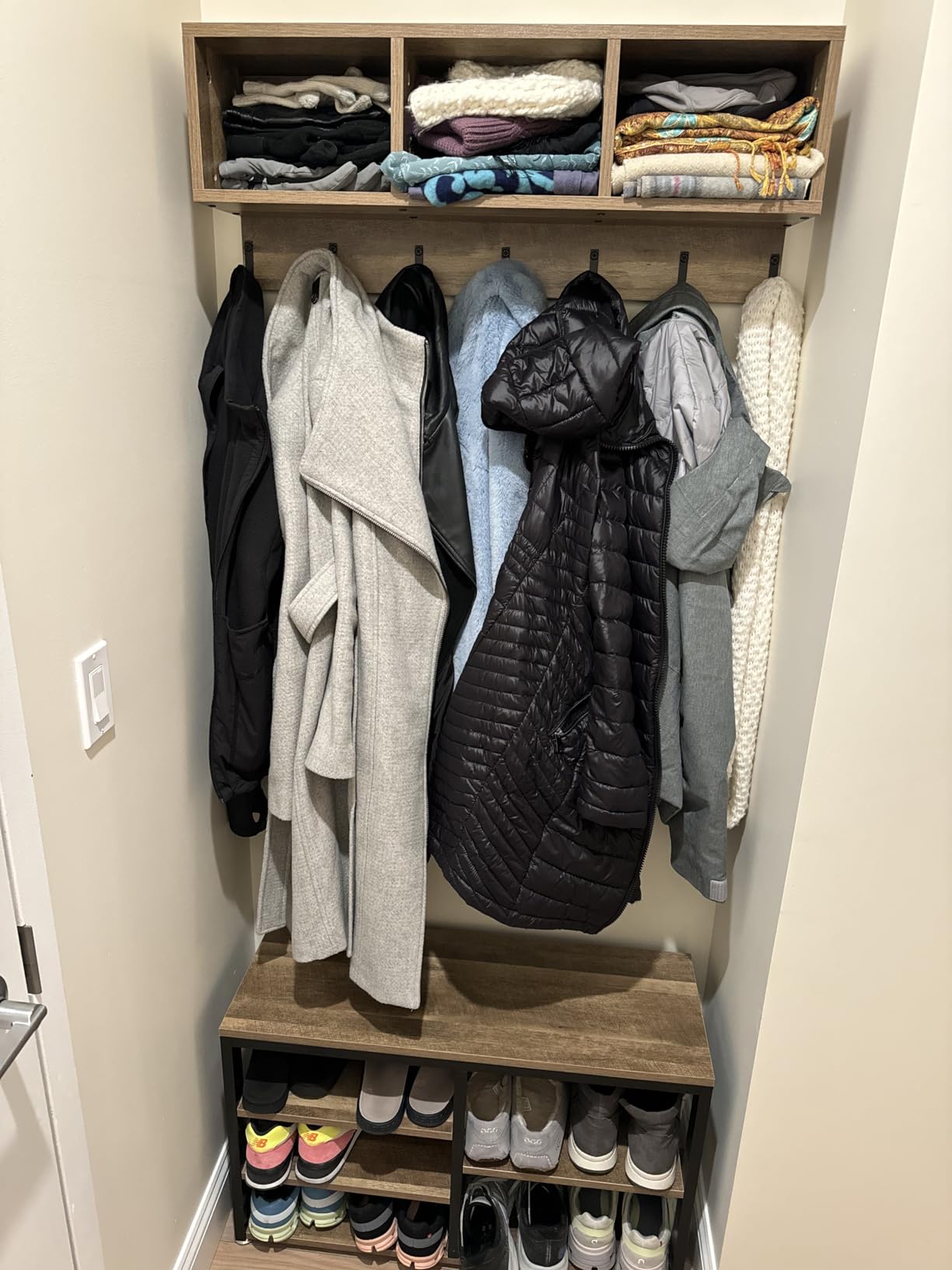 Tribesigns Industrial Shoe Rack Bench with Coat Rack Set with Hall Tree, 3 Storage Cubbies, 7 Hooks for Entryway, Hallway, 5-in-1Design, Rustic Brown customer photo 1