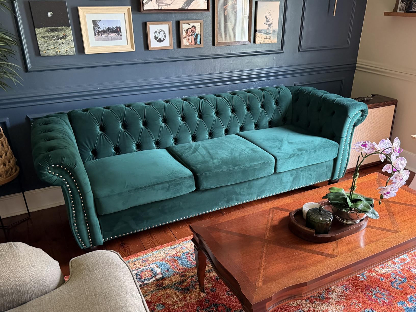 Chesterfield Sofa Velvet, Modern Tufted Couch 3 Seater with Rolled Arms and Nailhead for Living Room, Bedroom, Office, Apartment (Green) customer photo 1