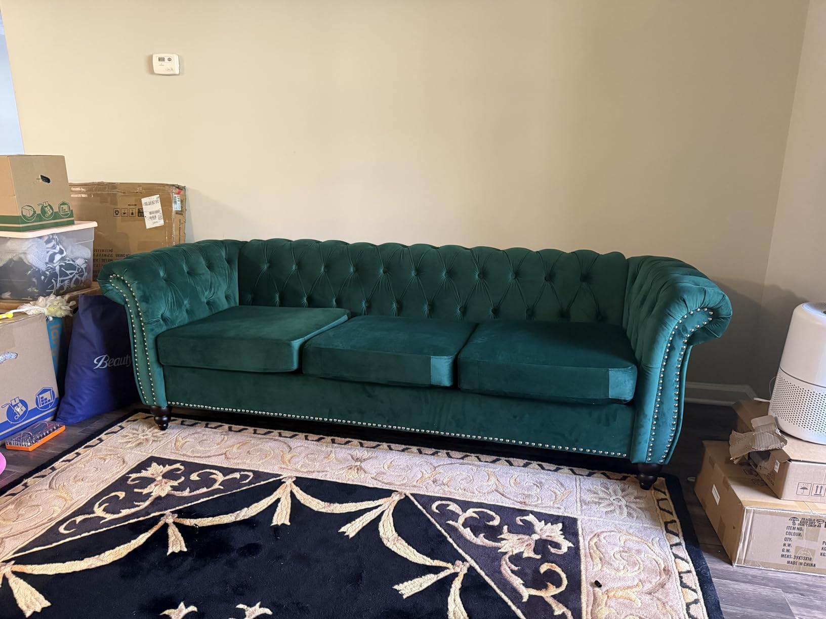 Chesterfield Sofa Velvet, Modern Tufted Couch 3 Seater with Rolled Arms and Nailhead for Living Room, Bedroom, Office, Apartment (Green) customer photo 2